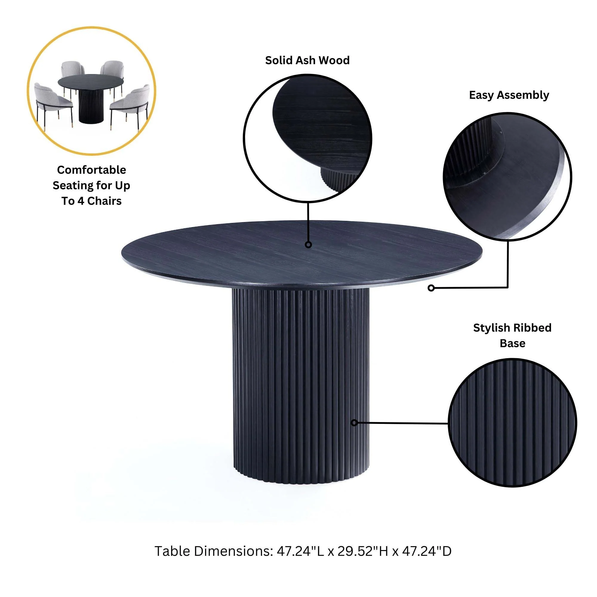 5-Piece Hathaway 47.24 Round Dining Set in Black with 4 Flor Dining Chairs in Wheat - Image 5