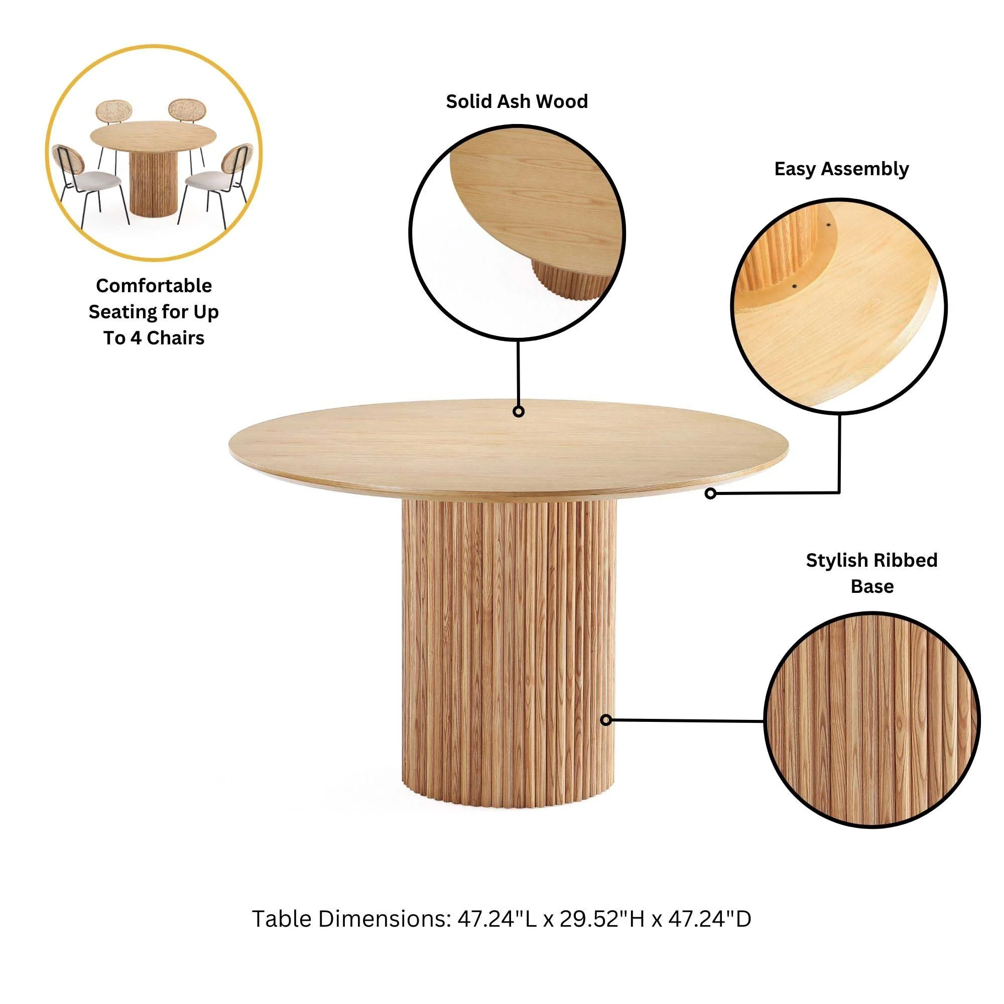5-Piece Hathaway 47.24 Round Dining Set in Natural with 4 Aspen Dining Chairs in Gold Dust - Image 6