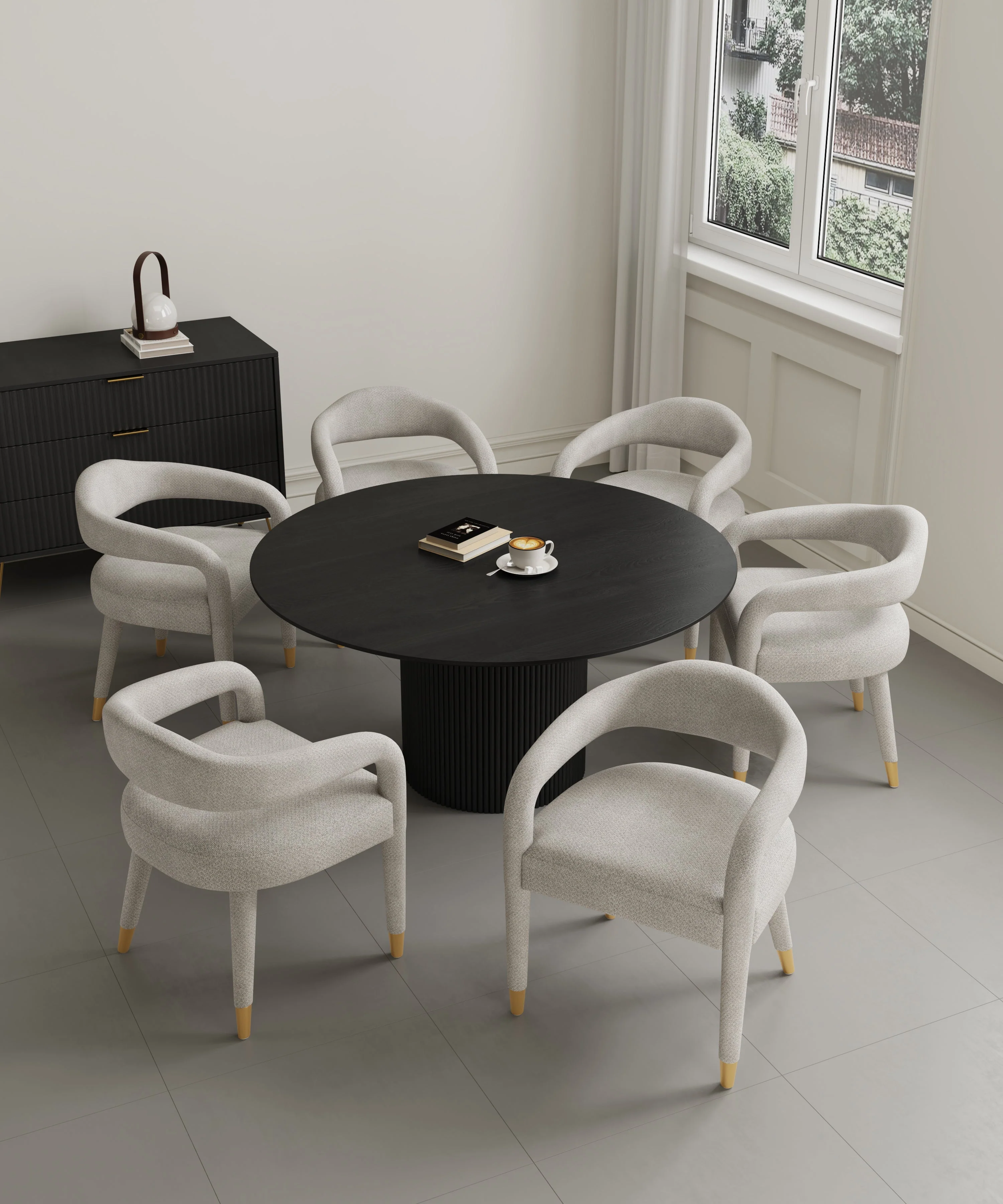 7-Piece Hathaway 59.05 Round Dining Set in Black with 6 Aspen Dining Chairs in Silver Lining - Image 2