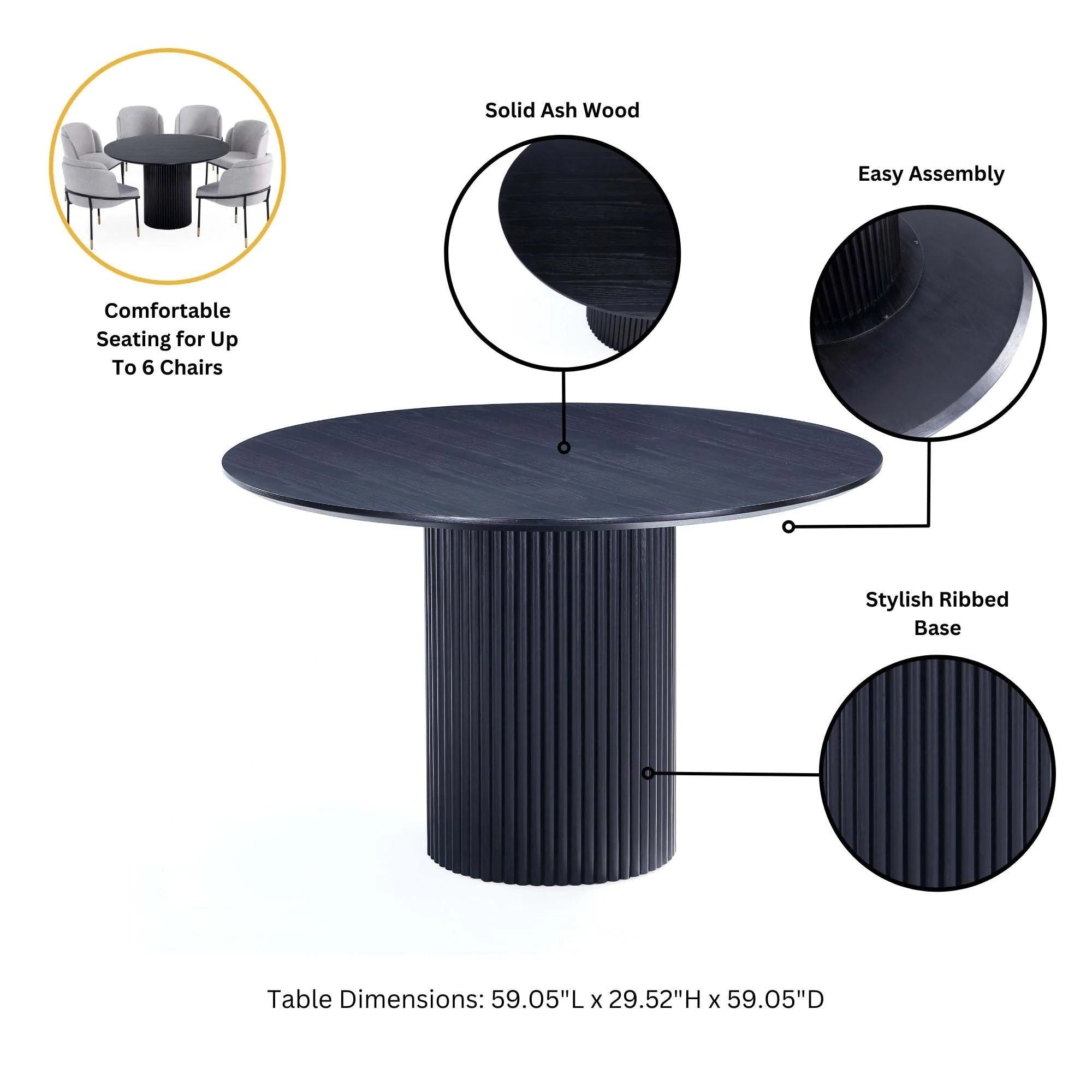 7-Piece Hathaway 59.05 Round Dining Set in Black with 6 Aspen Dining Chairs in Silver Lining - Image 6