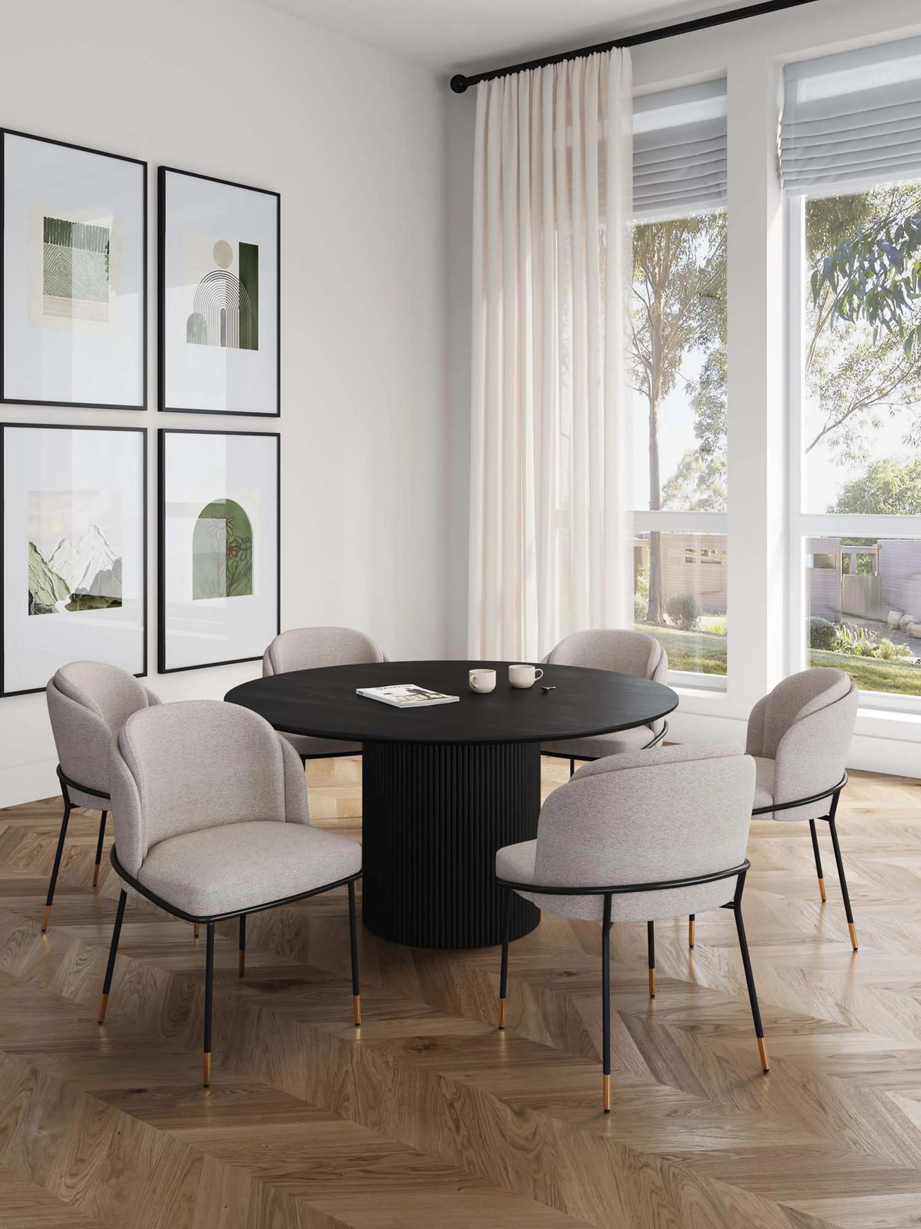 7-Piece Hathaway 59.05 Round Dining Set in Black with 6 Flor Dining Chairs in Wheat - Image 2