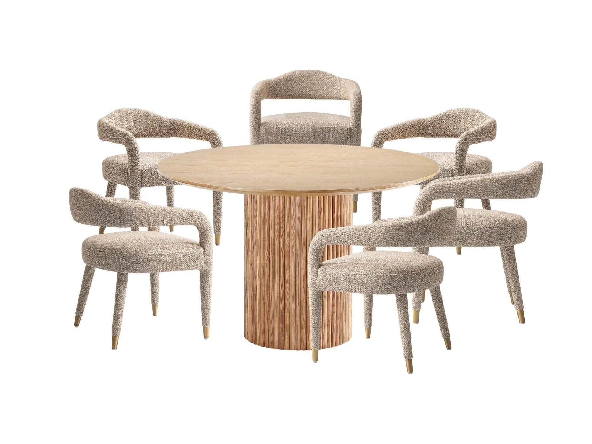 7-Piece Hathaway 59.05 Round Dining Set in Natural with 6 Aspen Dining Chairs in Gold Dust