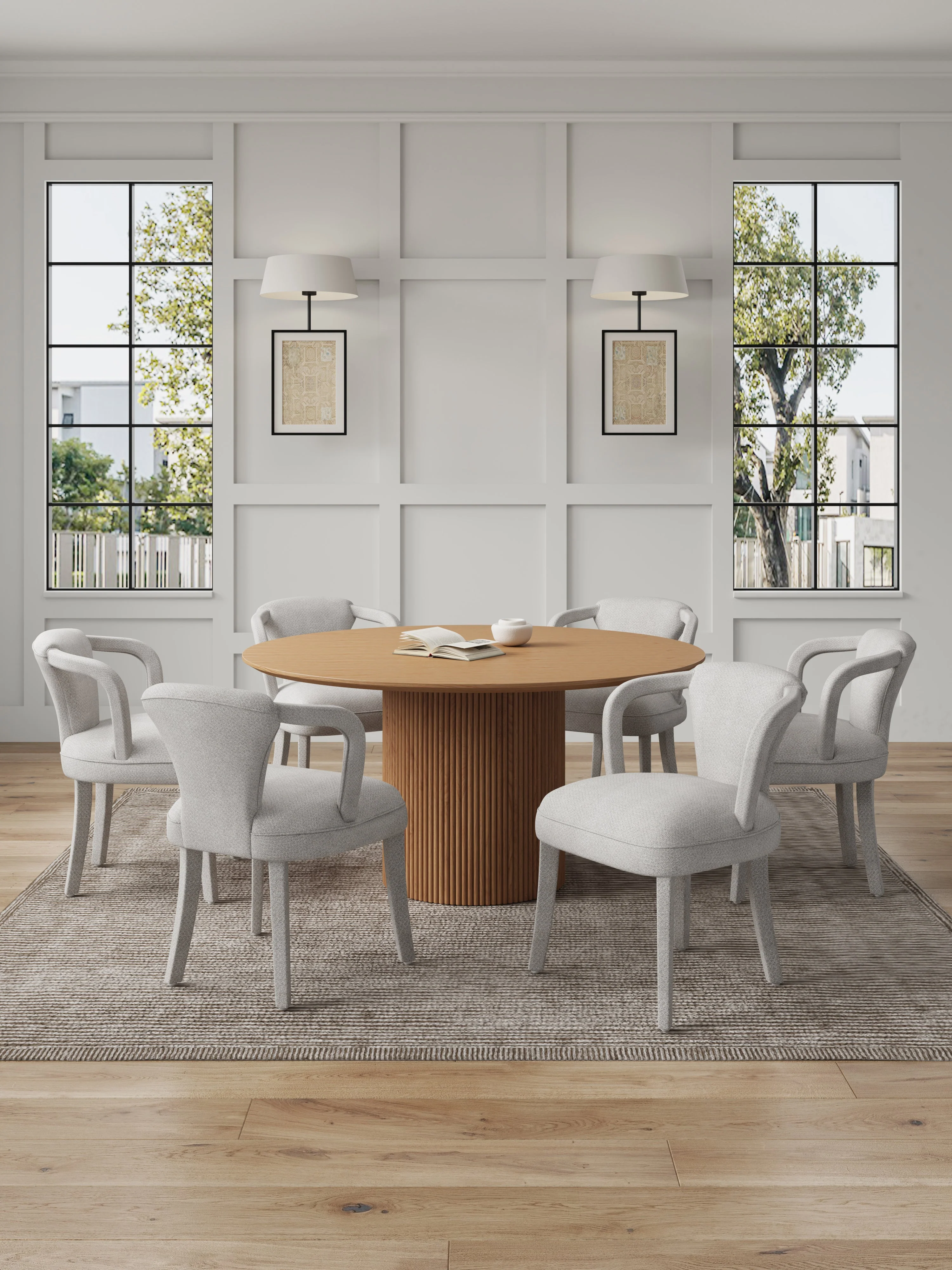 7-Piece Hathaway 59.05 Round Dining Set in Natural with 6 Flor Dining Chairs in Silver Lining - Image 2