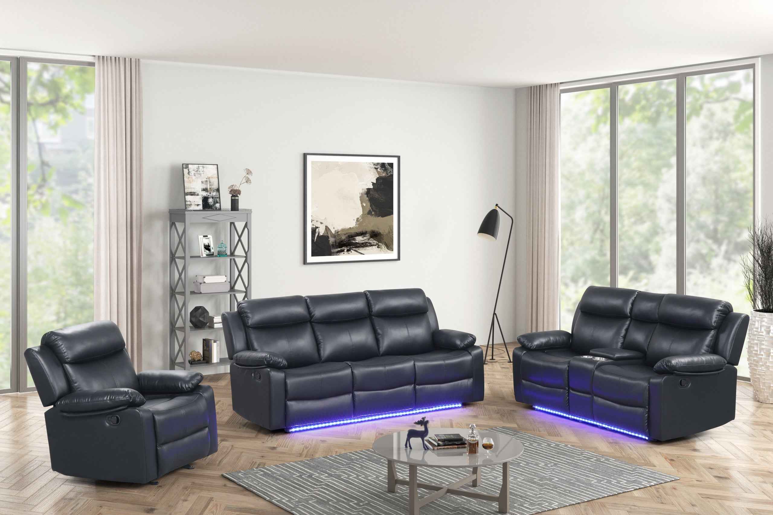 Aiden Black Leather Gel 3-Piece Manual Reclining Set - Image 2