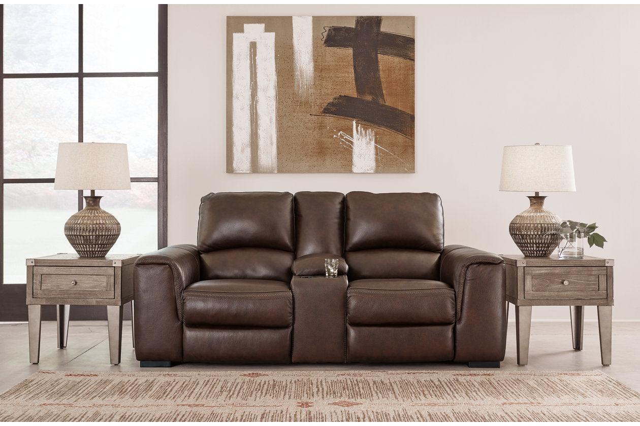 Alessandro Walnut Dual Power Leather Reclining Loveseat with Console