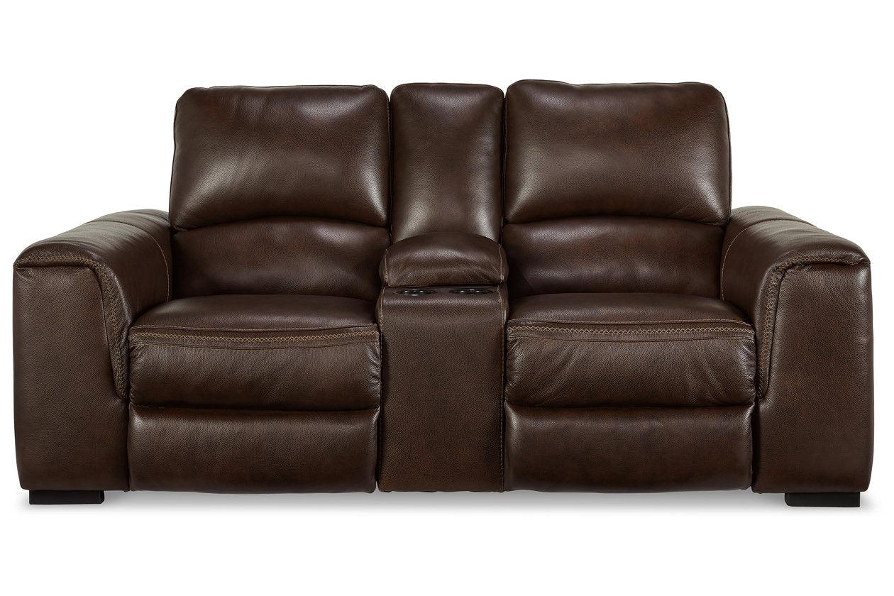 Alessandro Walnut Dual Power Leather Reclining Loveseat with Console - Image 4