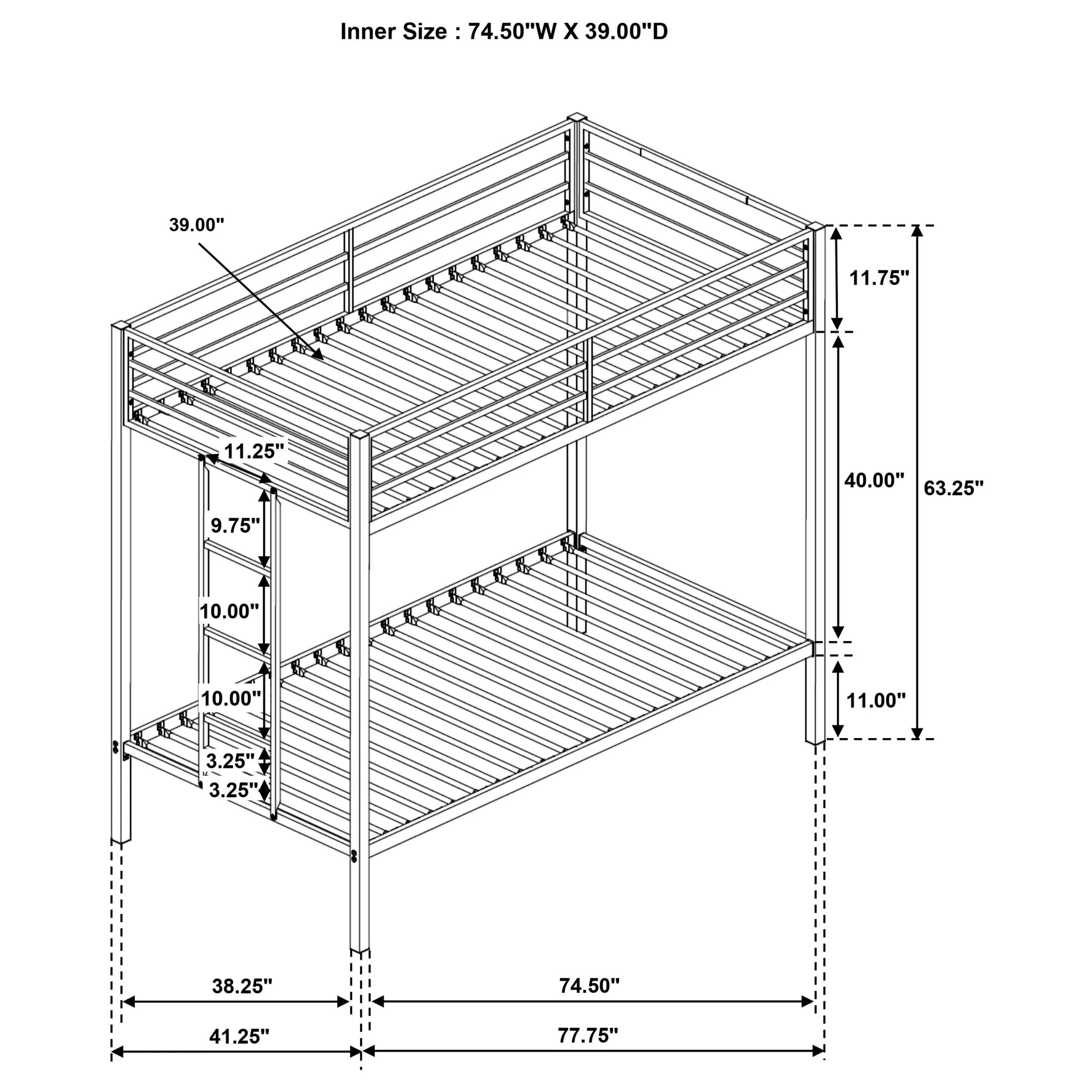 Alevera Black Metal Twin Over Twin Bunk Bed with Ladder - Image 7
