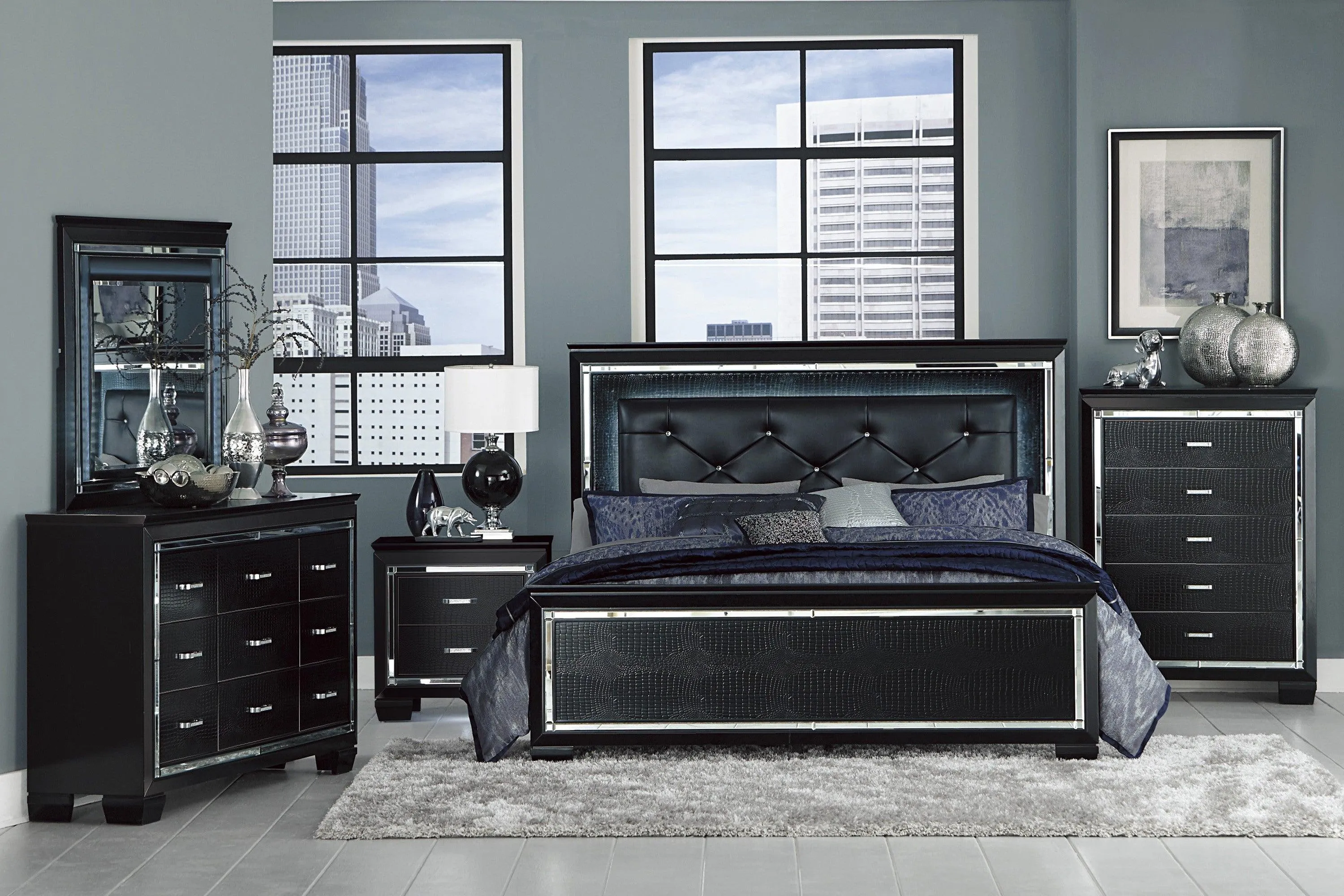 Allura Black King LED Upholstered Panel Bed - Image 2