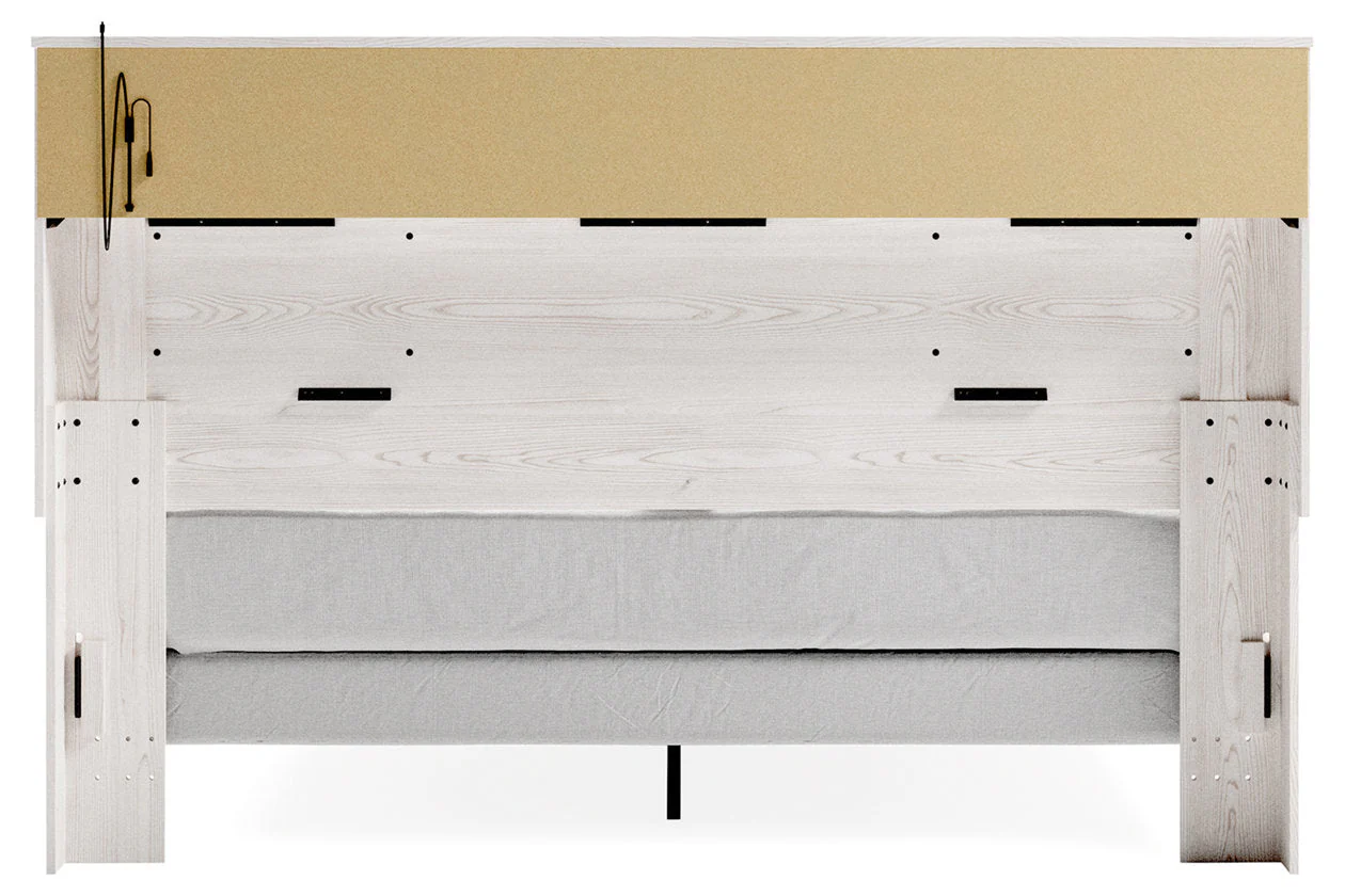 Altyra White King Upholstered LED Bookcase Panel Bed - Image 7
