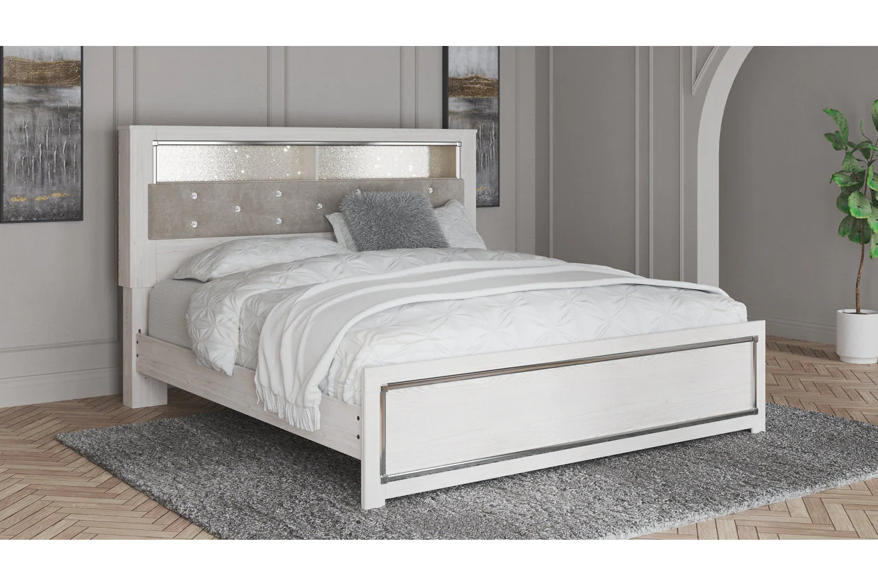 Altyra White King Upholstered LED Bookcase Platform Bed