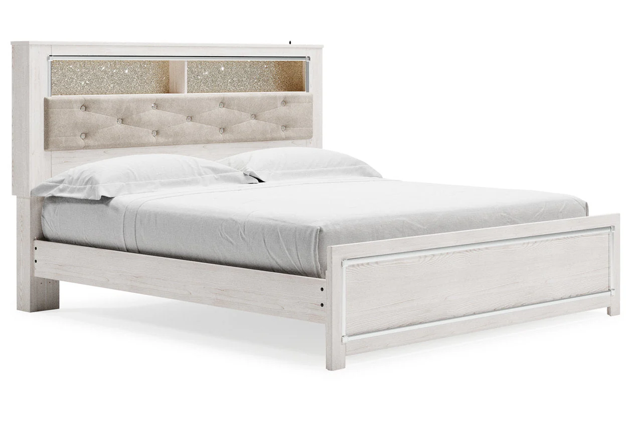 Altyra White King Upholstered LED Bookcase Platform Bed - Image 2
