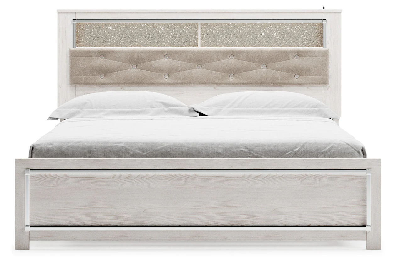 Altyra White King Upholstered LED Bookcase Platform Bed - Image 3