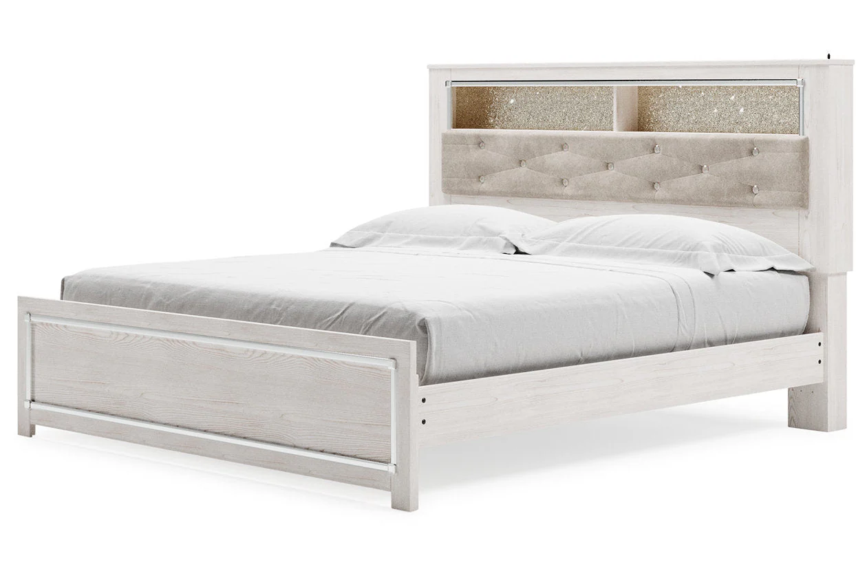 Altyra White King Upholstered LED Bookcase Platform Bed - Image 4
