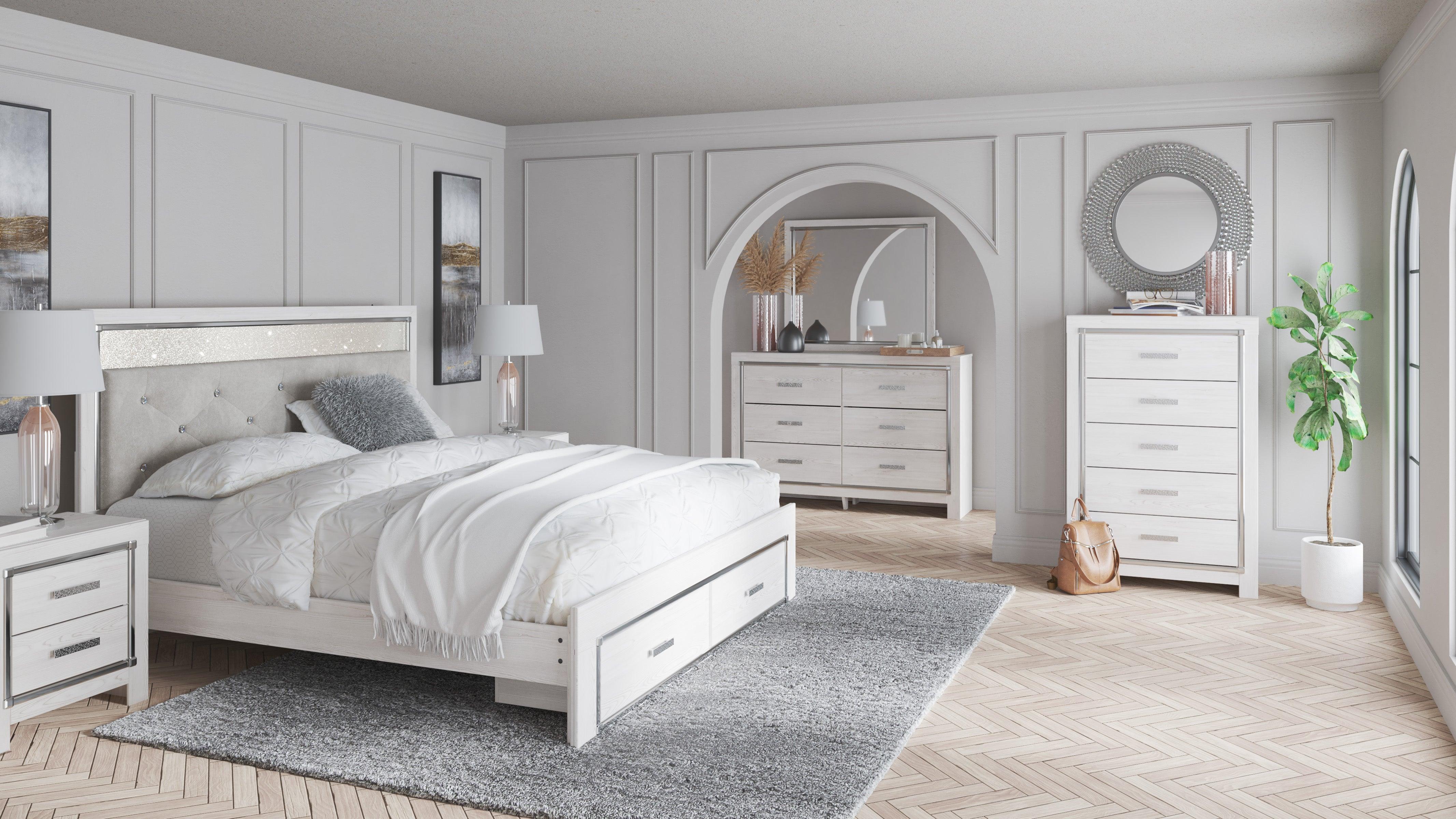 Altyra White LED Bookcase Upholstered Footboard Storage Platform Bedroom Set - Image 2