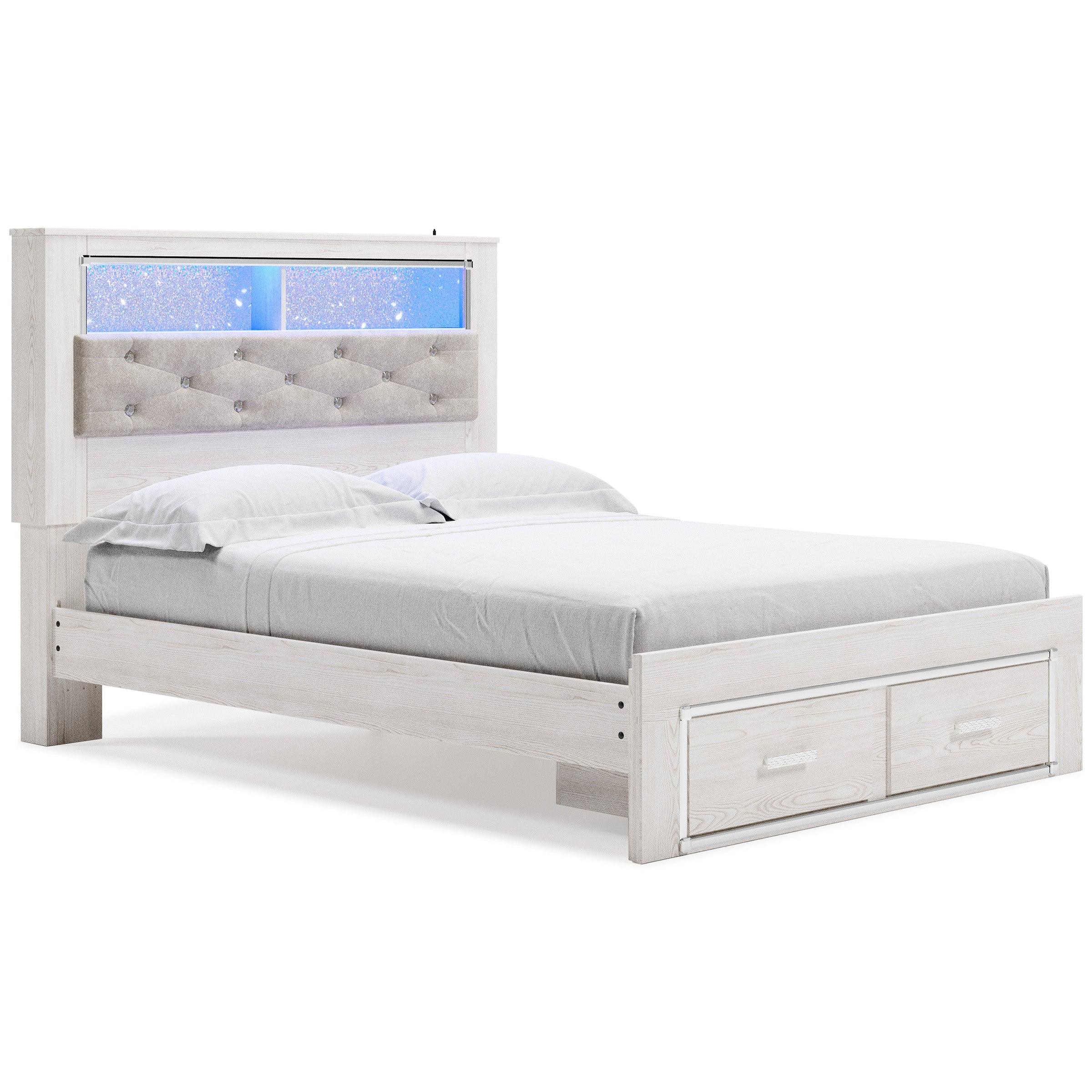 Altyra White LED Bookcase Upholstered Footboard Storage Platform Bedroom Set - Image 3