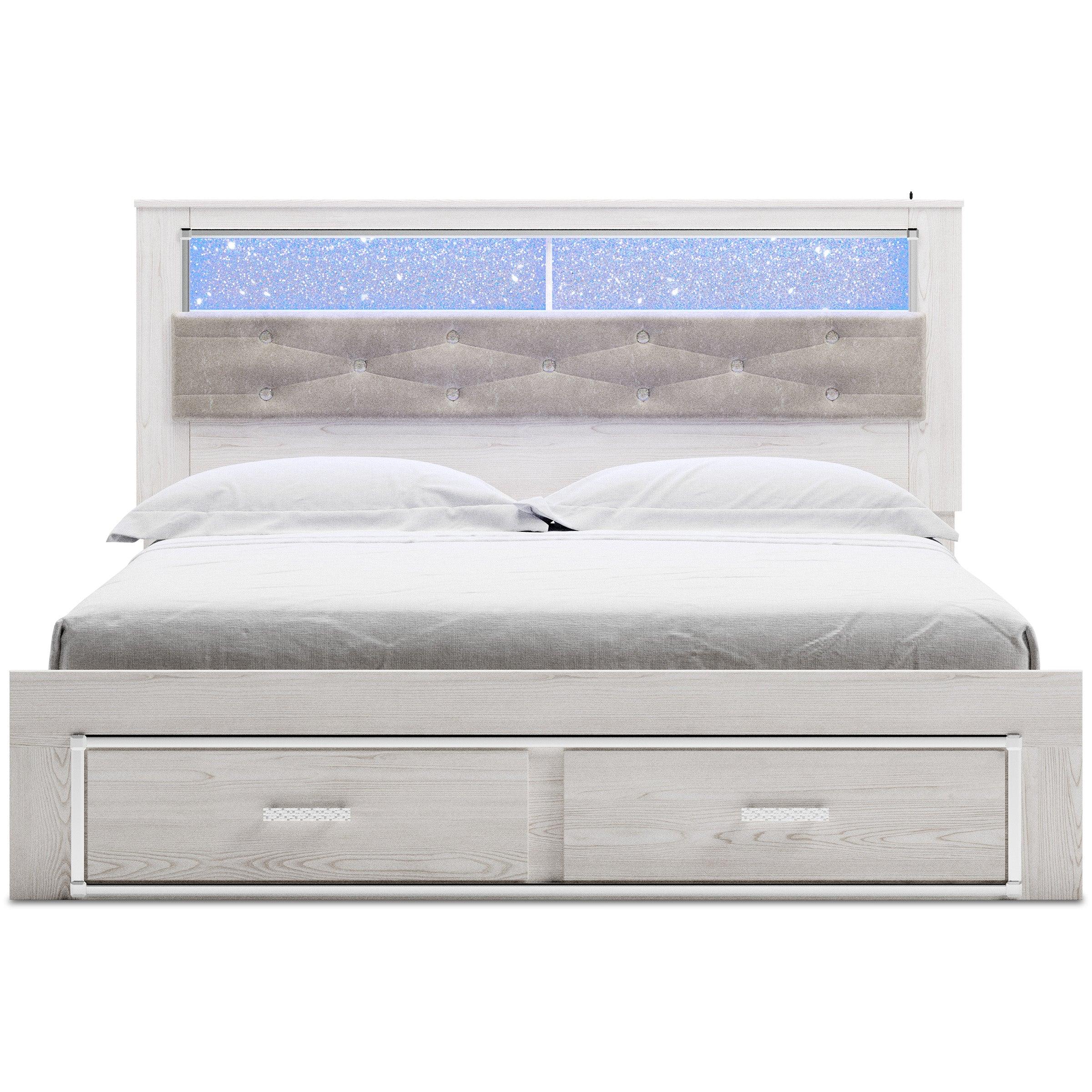 Altyra White LED Bookcase Upholstered Footboard Storage Platform Bedroom Set - Image 4