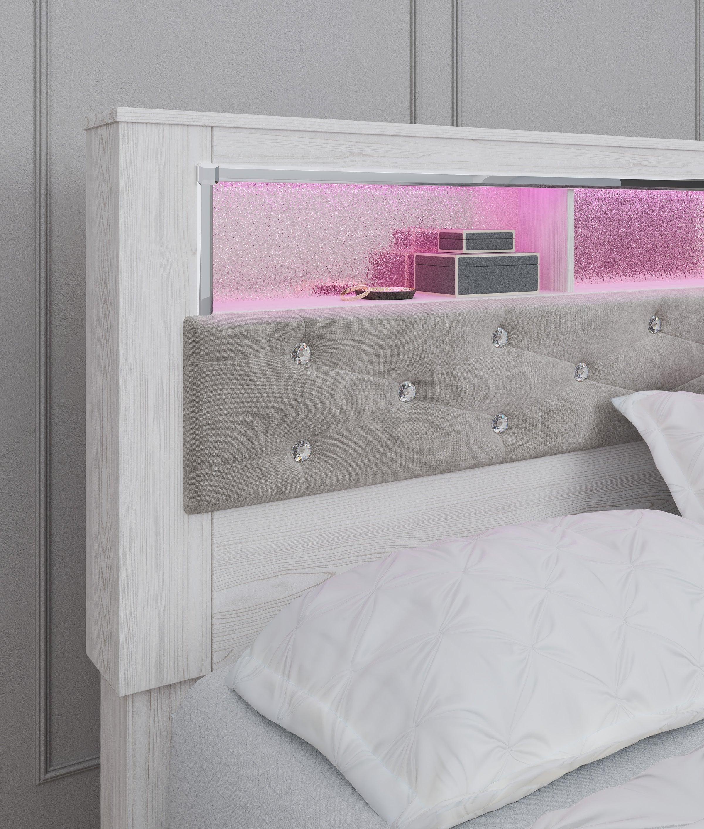 Altyra White LED Bookcase Upholstered Footboard Storage Platform Bedroom Set - Image 7