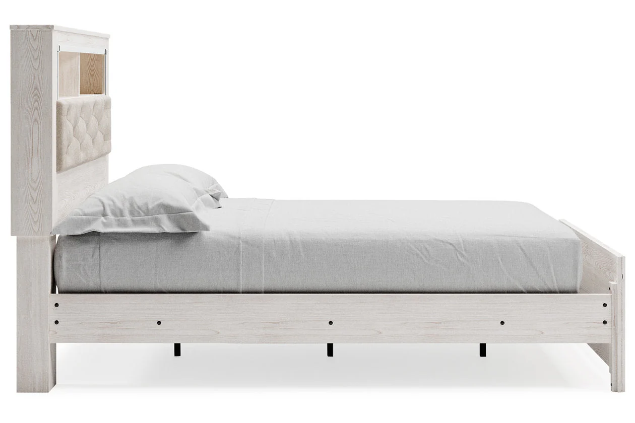 Altyra White Queen Upholstered LED Bookcase Panel Bed - Image 7