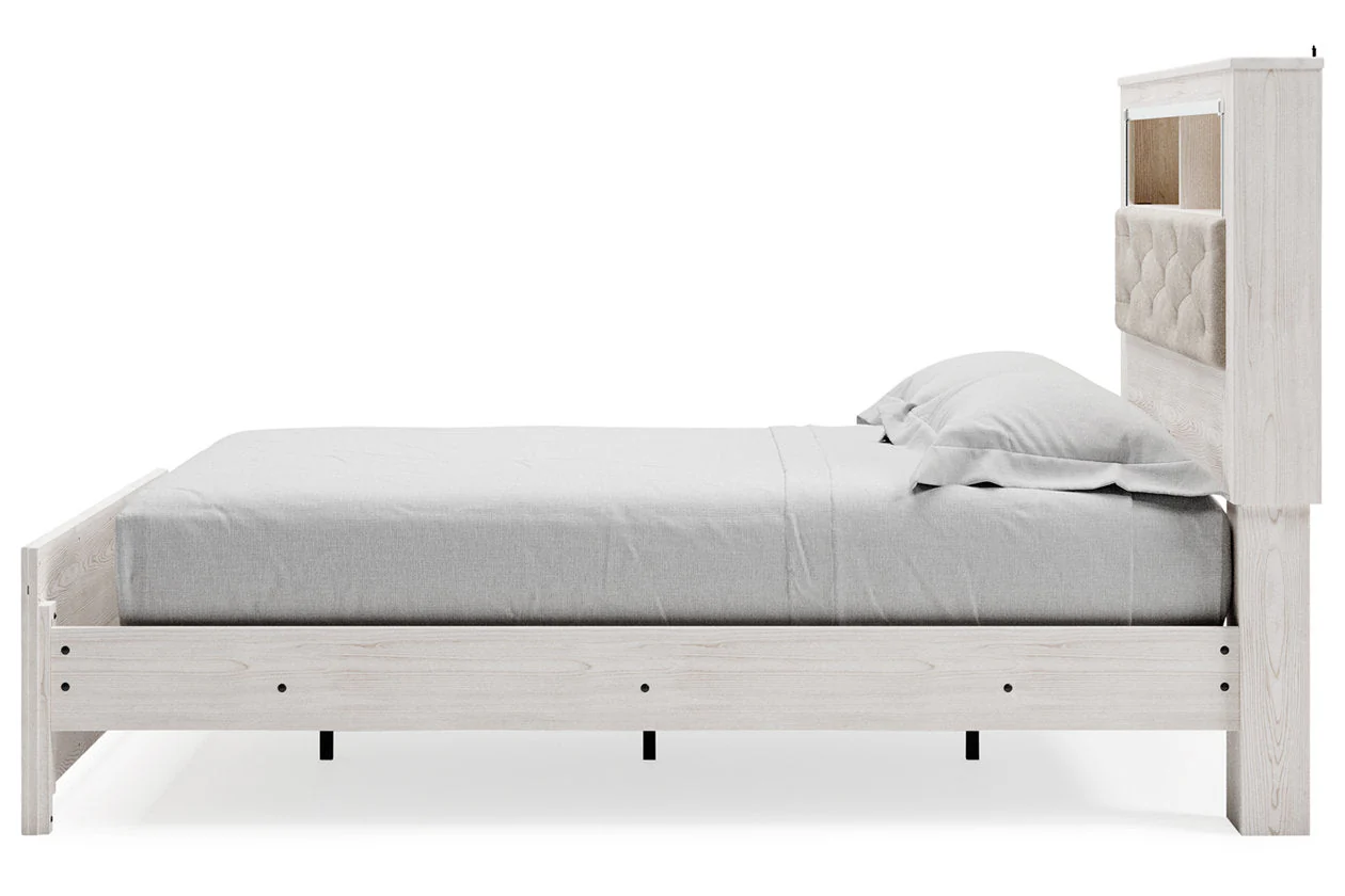 Altyra White Queen Upholstered LED Bookcase Panel Bed - Image 9