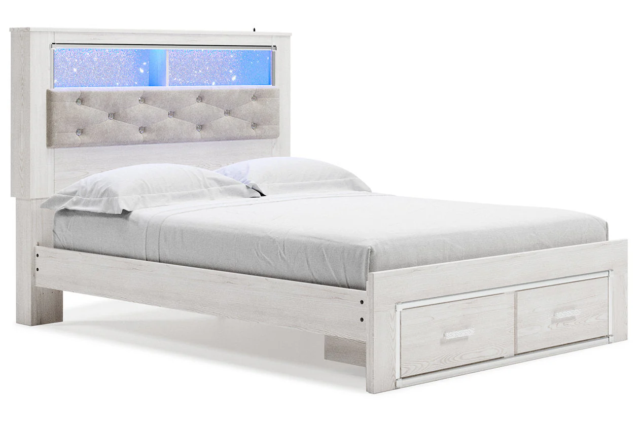 Altyra White Queen Upholstered LED Bookcase Storage Panel Bed - Image 2