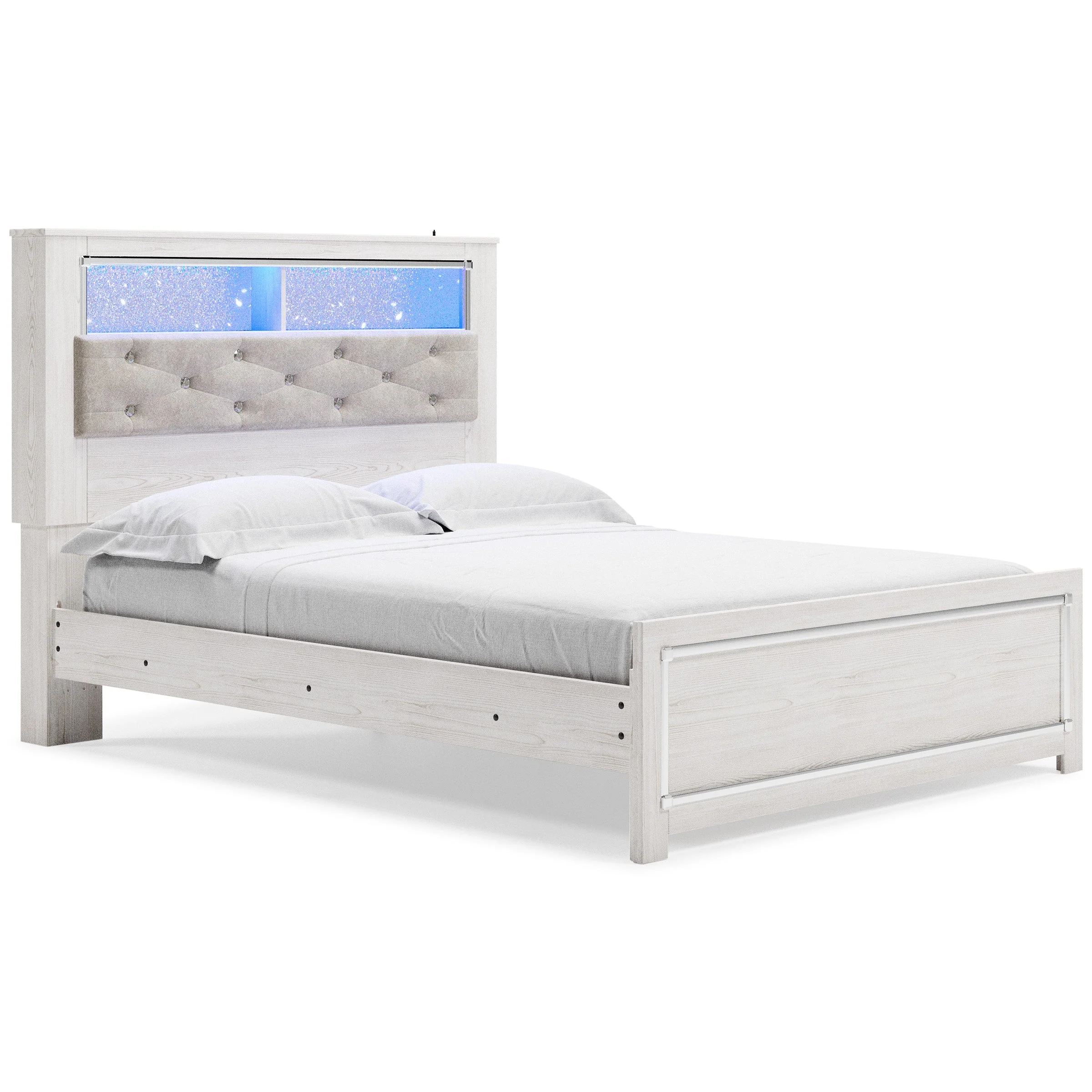 Altyra White Upholstered LED Bookcase Panel Bedroom Set - Image 2