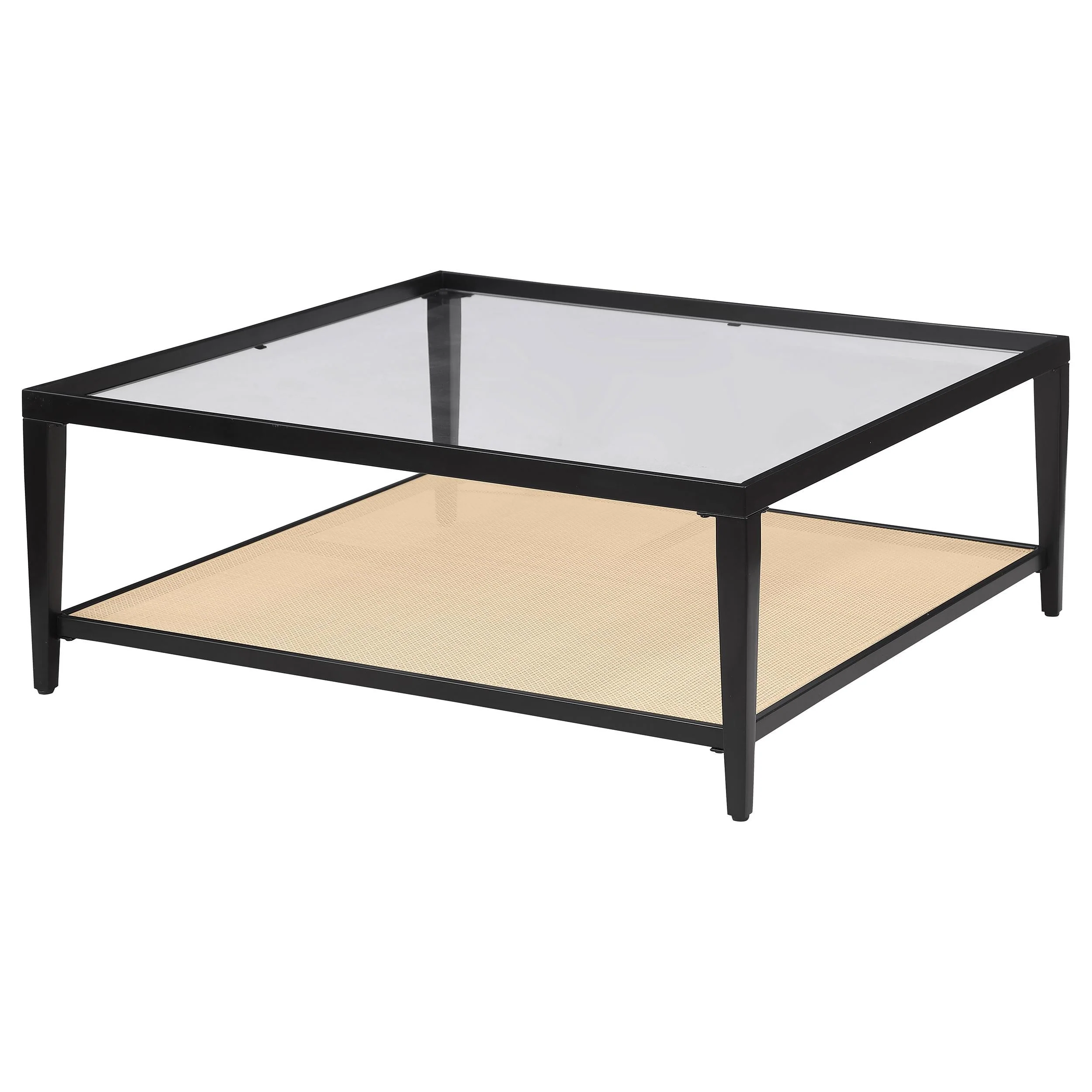Amherst Black Glass Top Metal Coffee Table with Cane Shelf - Image 4