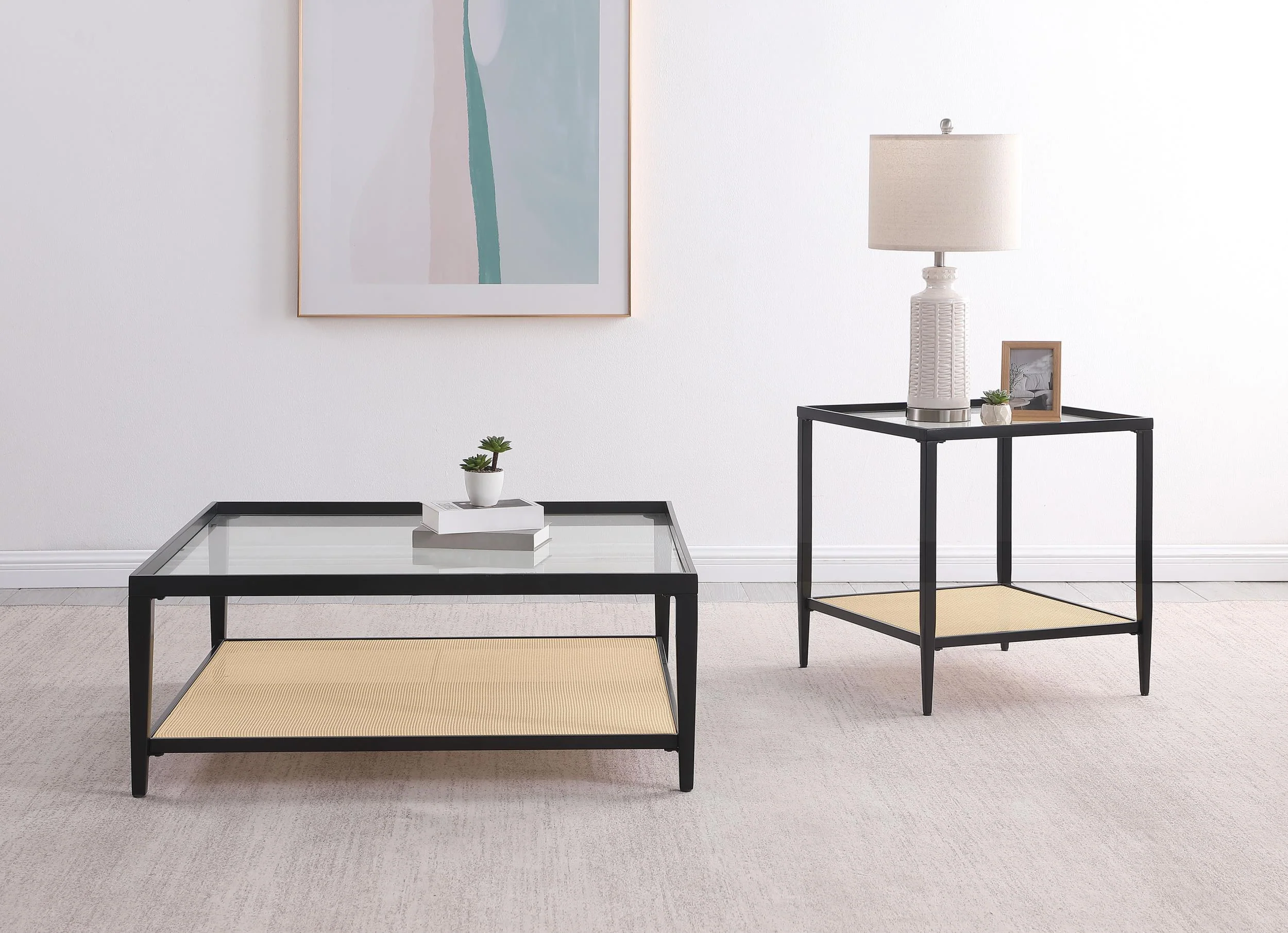 Amherst Black Glass Top Metal Coffee Table with Cane Shelf - Image 7
