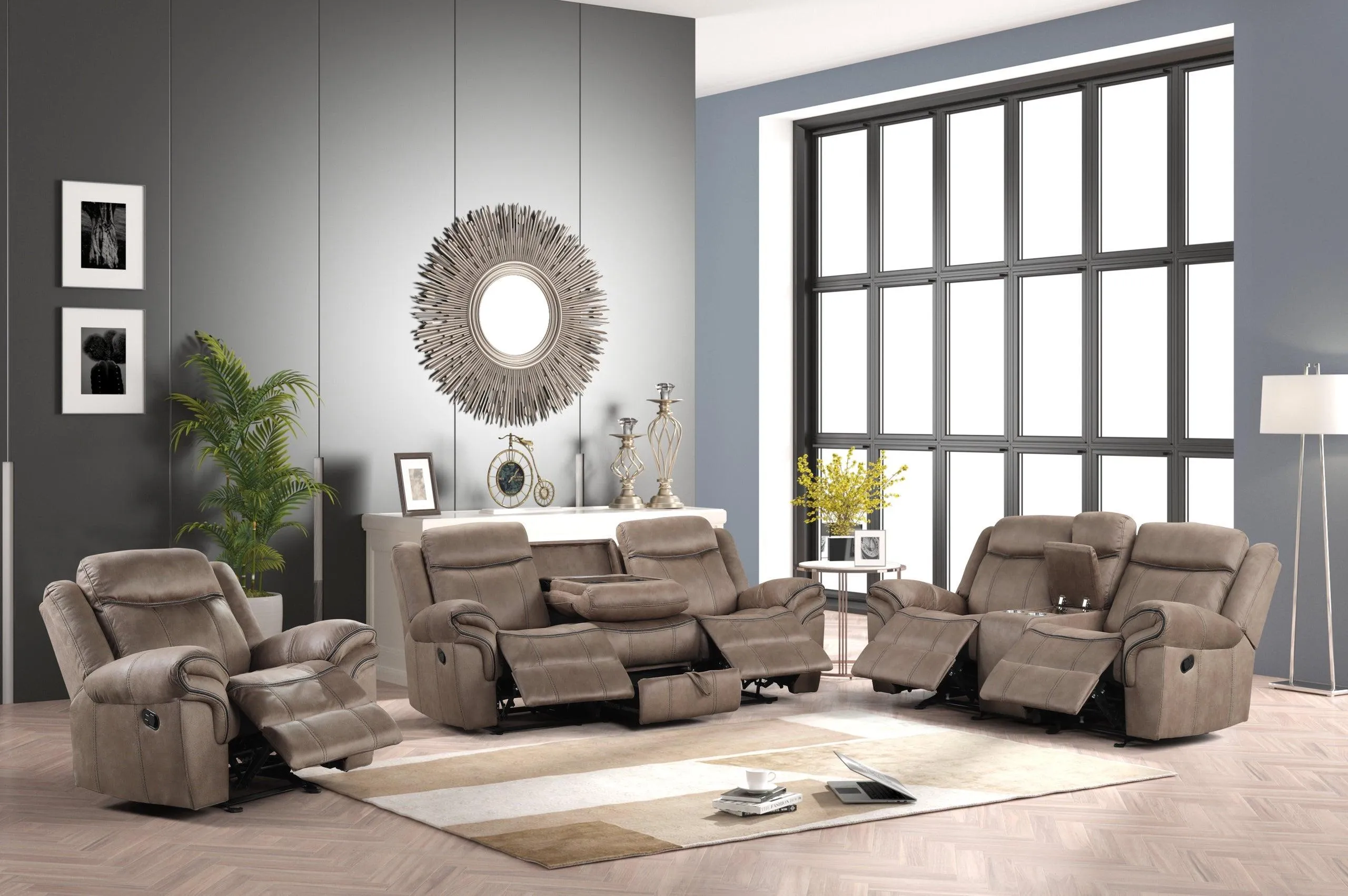 Andres Brown 3-Piece Sofa Recliner Living Room Set