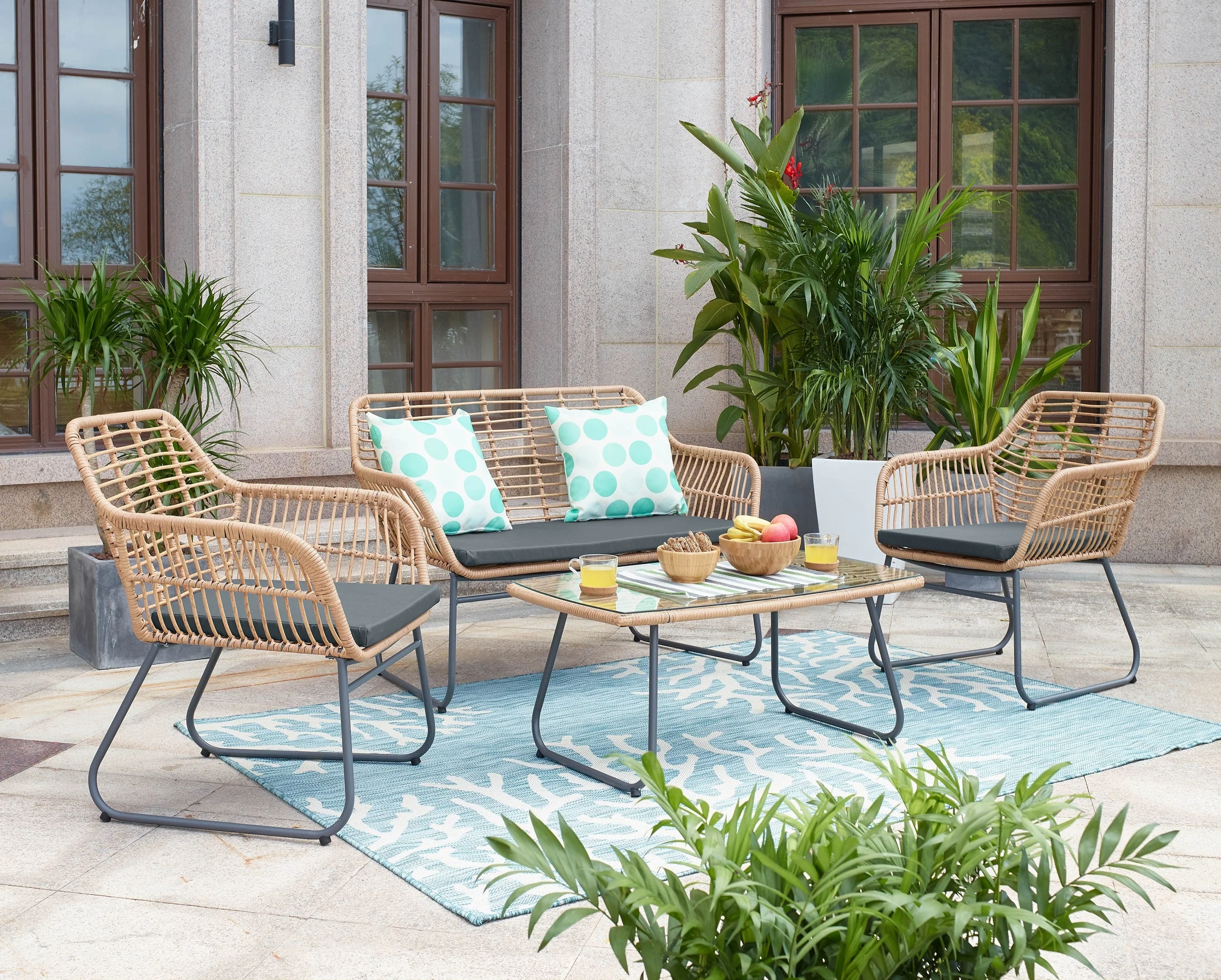 Antibes 2.0 Patio 4-Person Conversation Set with Coffee Table with Grey Cushions - Image 2