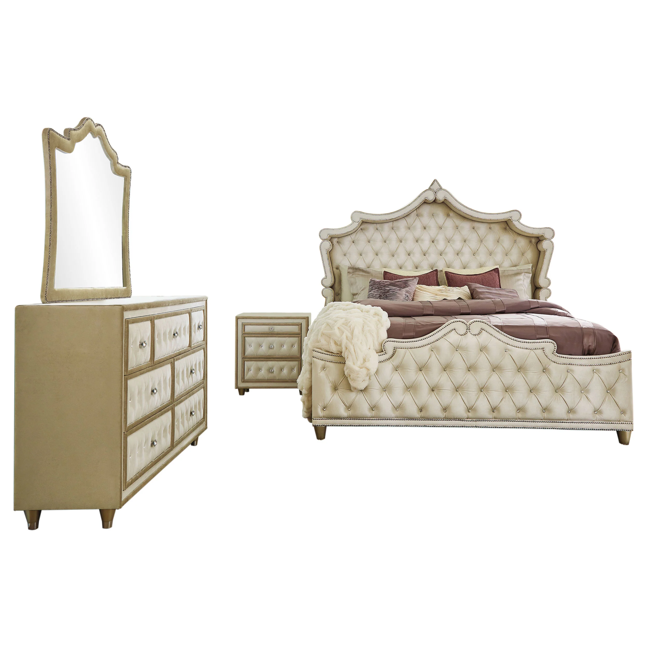 Antonella Ivory/Camel 4-Piece Upholstered Tufted Queen Bedroom Set - Image 2