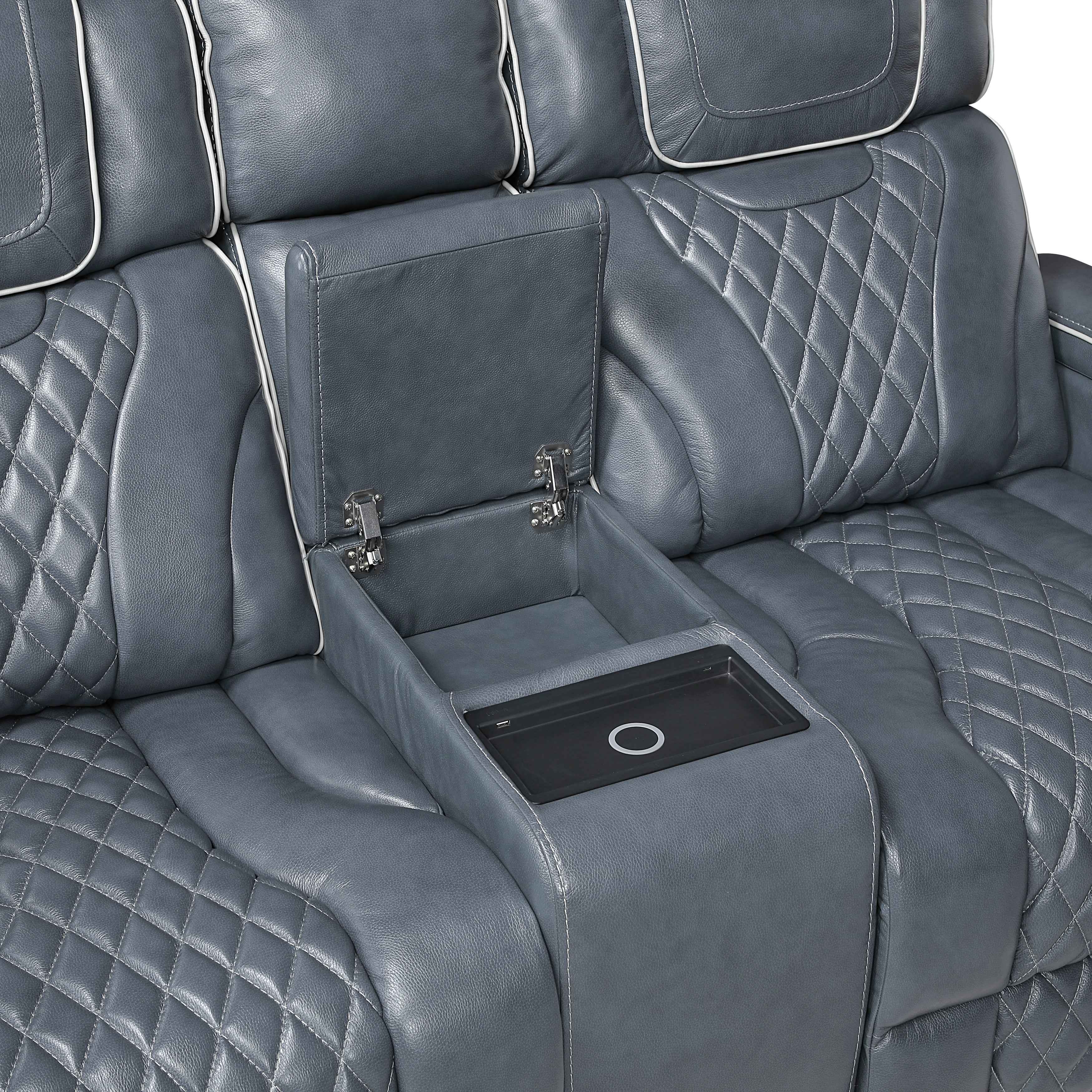 Apex Blue Leather Power Double Reclining Loveseat - Image 7