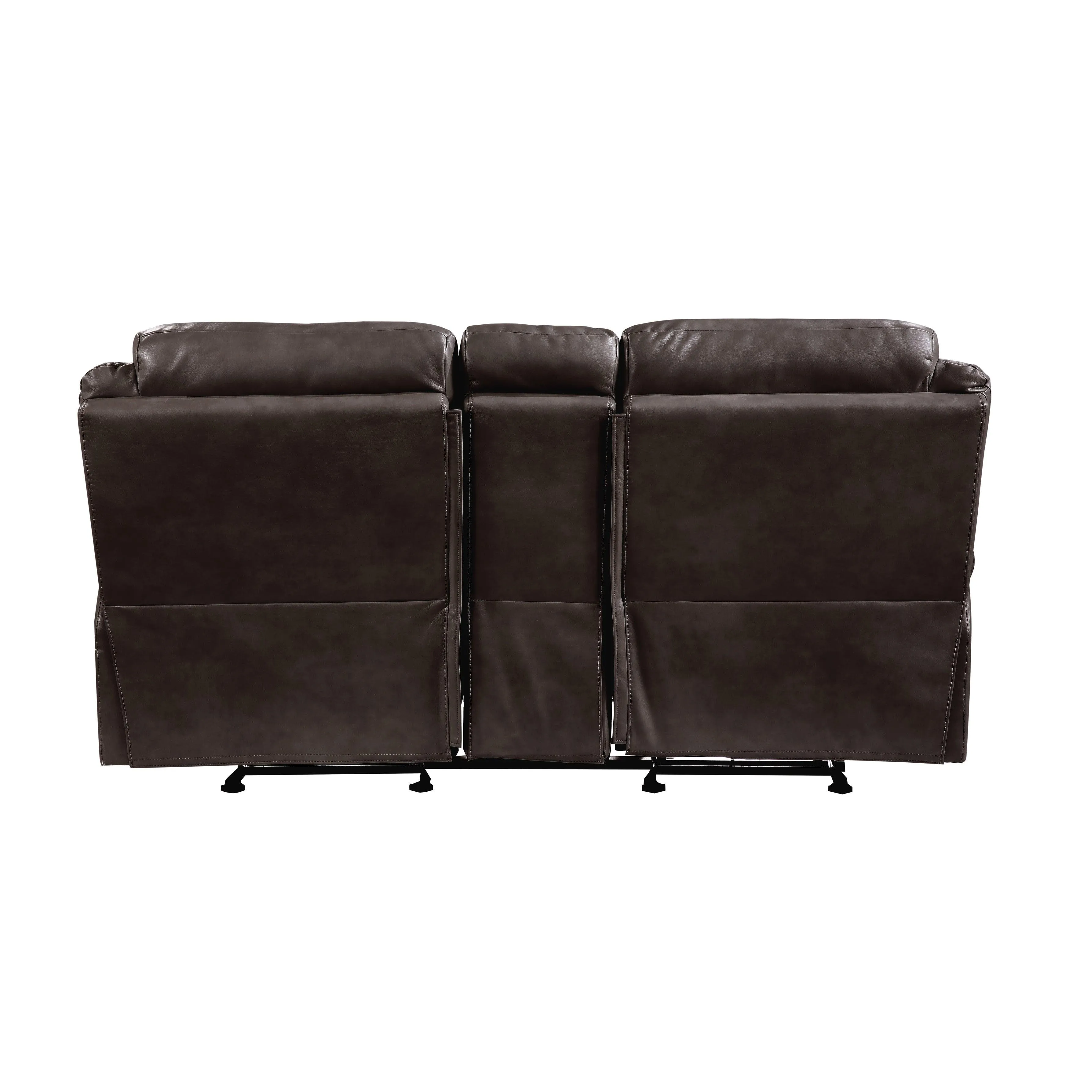 Aram Dark Brown Faux Leather Double Glider Reclining Loveseat with Center Console, Receptacles and USB Ports - Image 4
