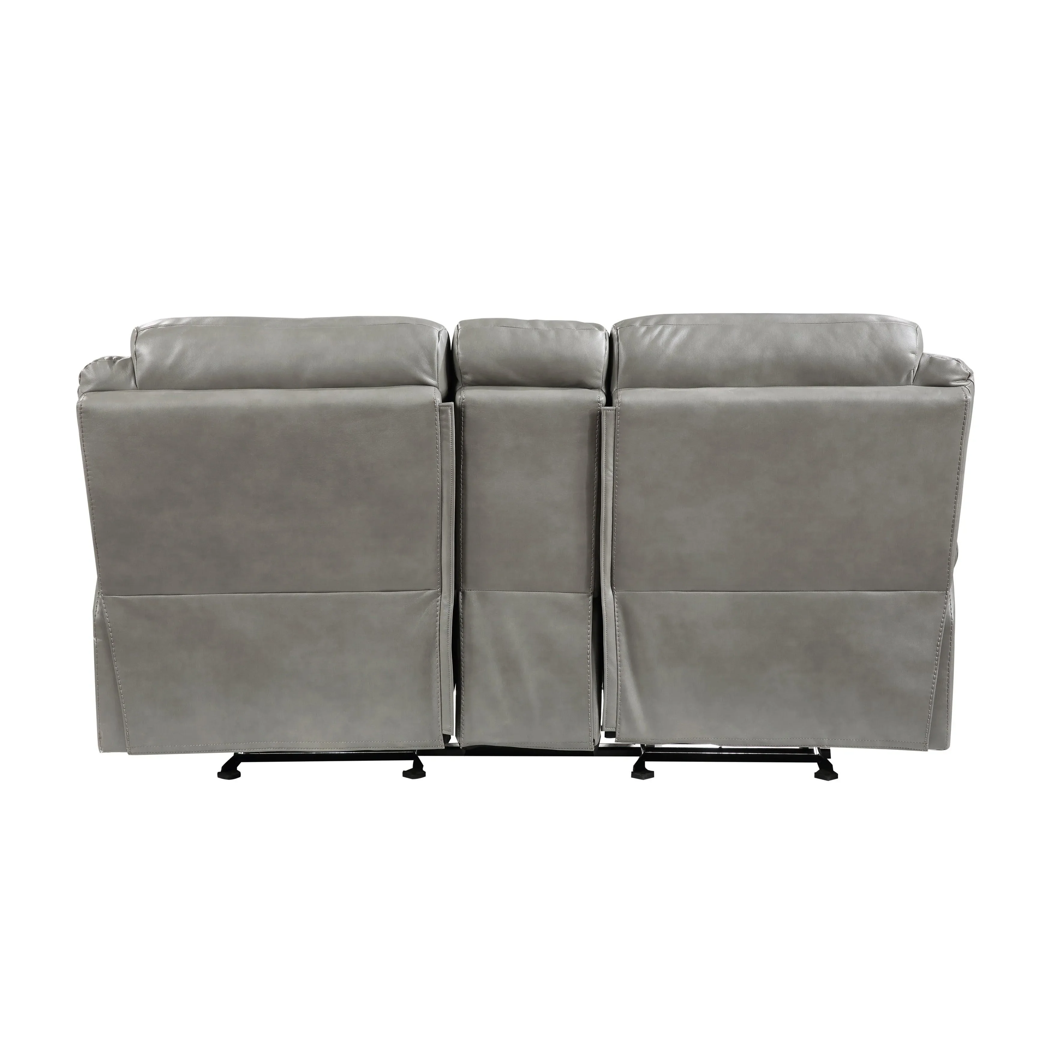 Aram Gray Faux Leather Double Glider Reclining Loveseat with Center Console, Receptacles and USB Ports - Image 3