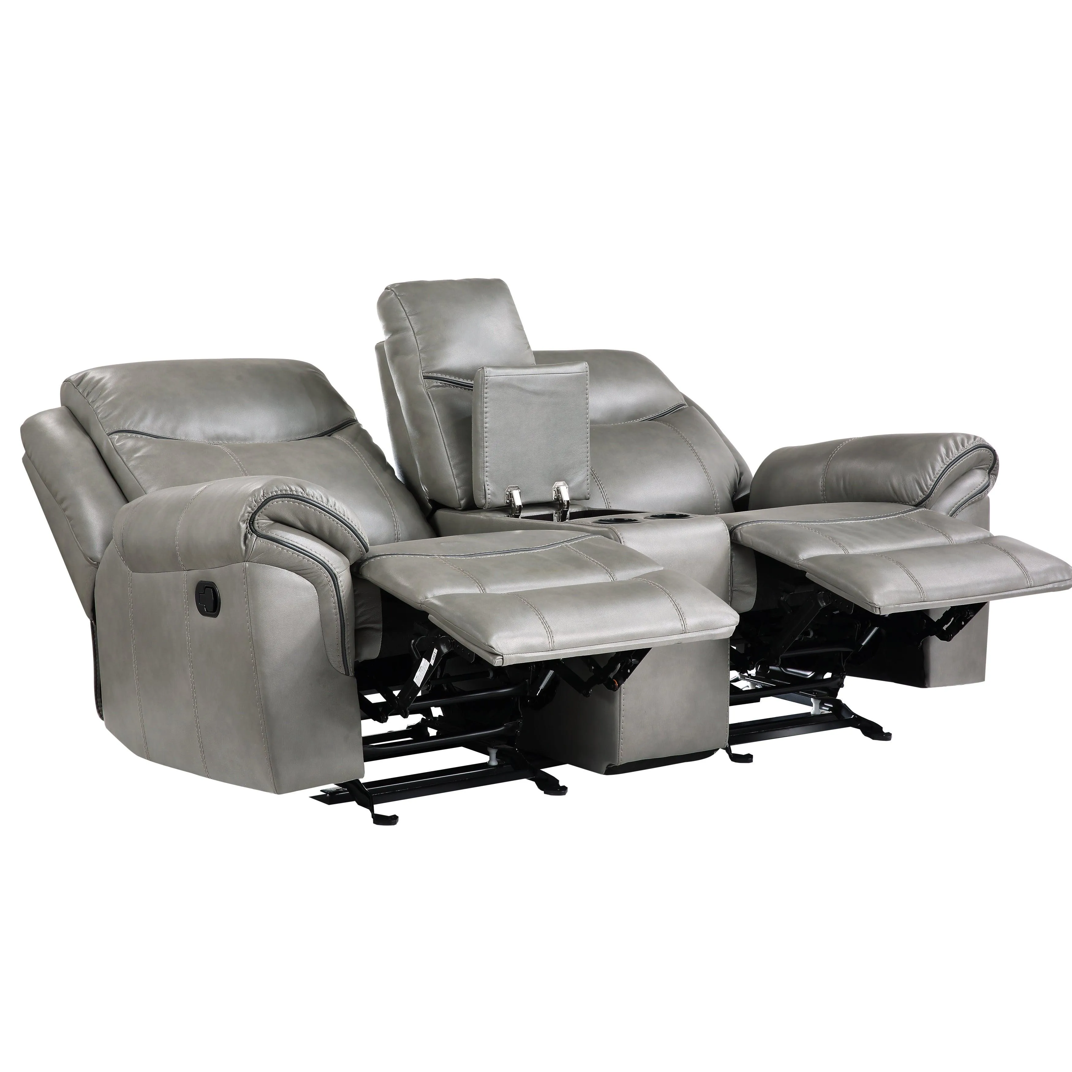 Aram Gray Faux Leather Double Glider Reclining Loveseat with Center Console, Receptacles and USB Ports - Image 5