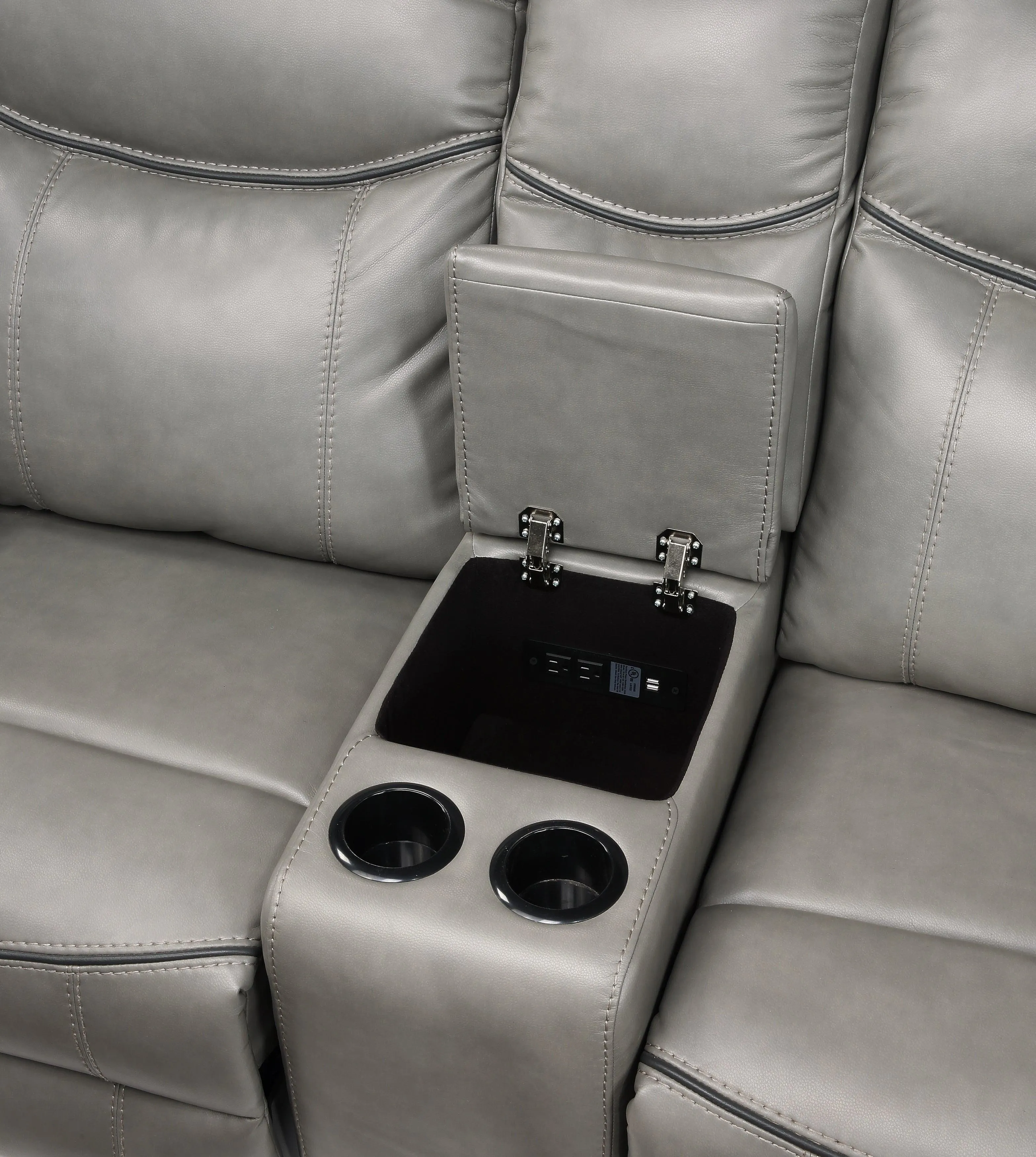 Aram Gray Faux Leather Double Glider Reclining Loveseat with Center Console, Receptacles and USB Ports - Image 6