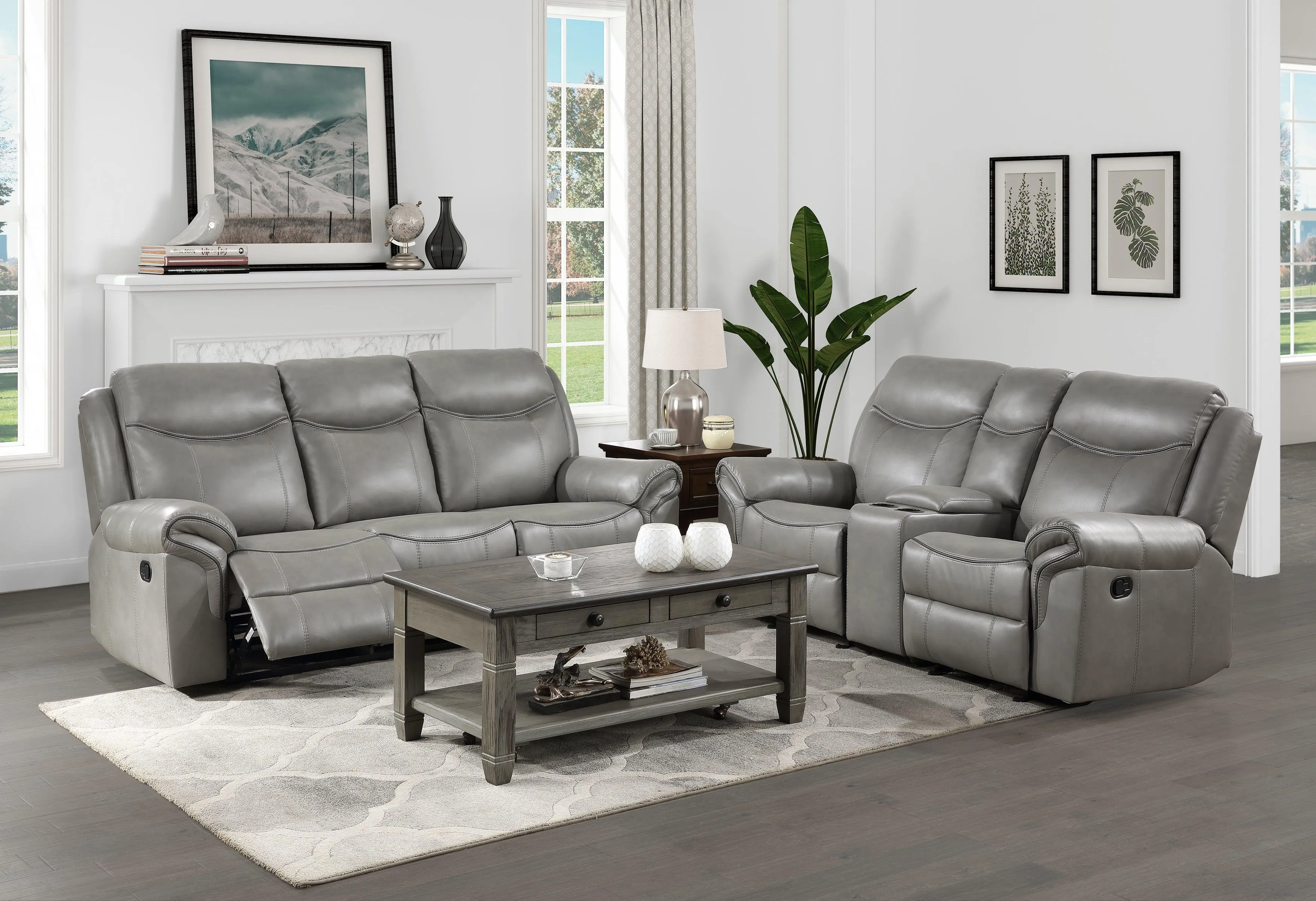 Aram Gray Faux Leather Double Glider Reclining Loveseat with Center Console, Receptacles and USB Ports - Image 7
