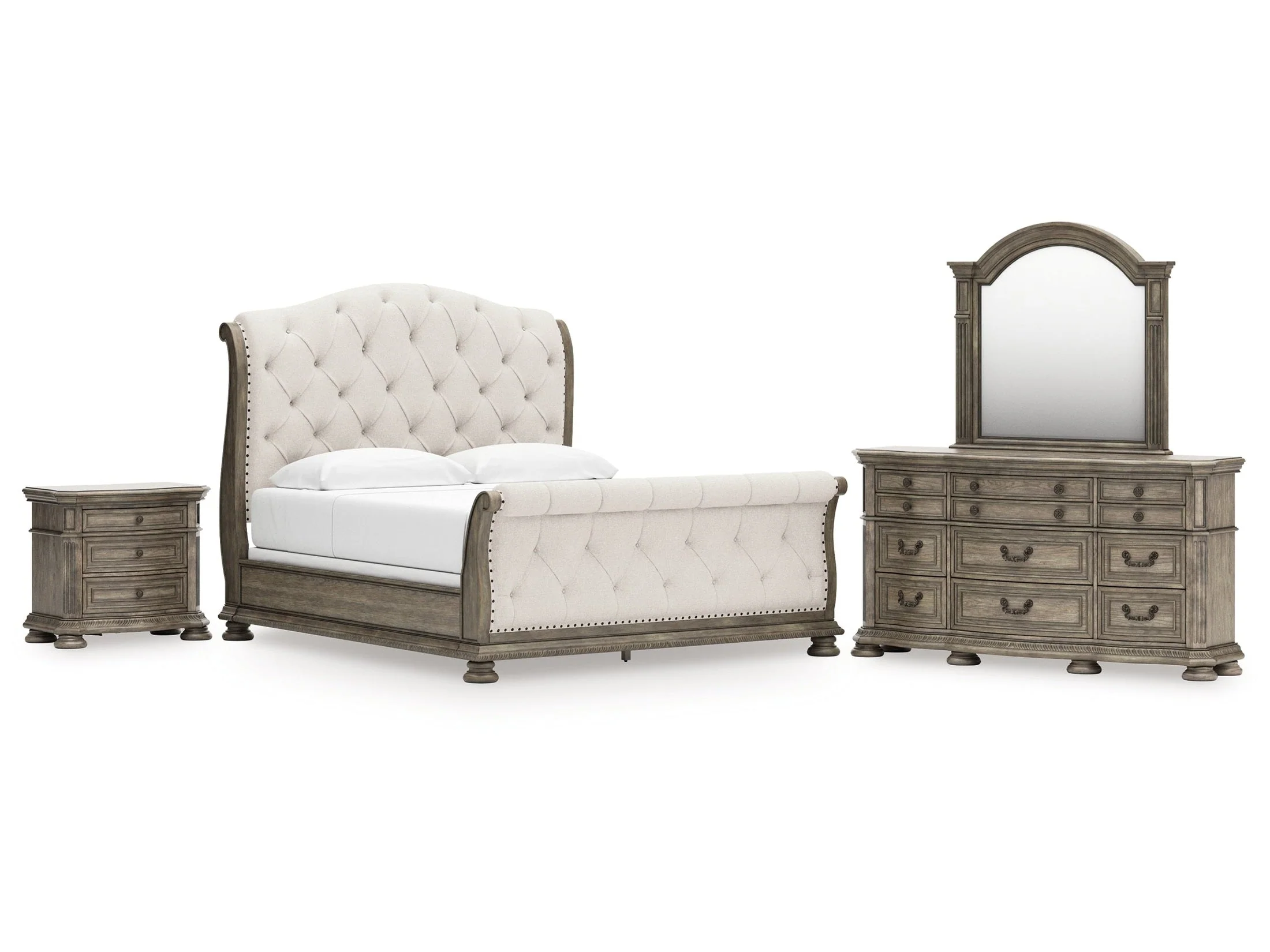 Ardenfield Light Brown King Sleigh Bedroom Set with Dresser, Mirror and Nightstand