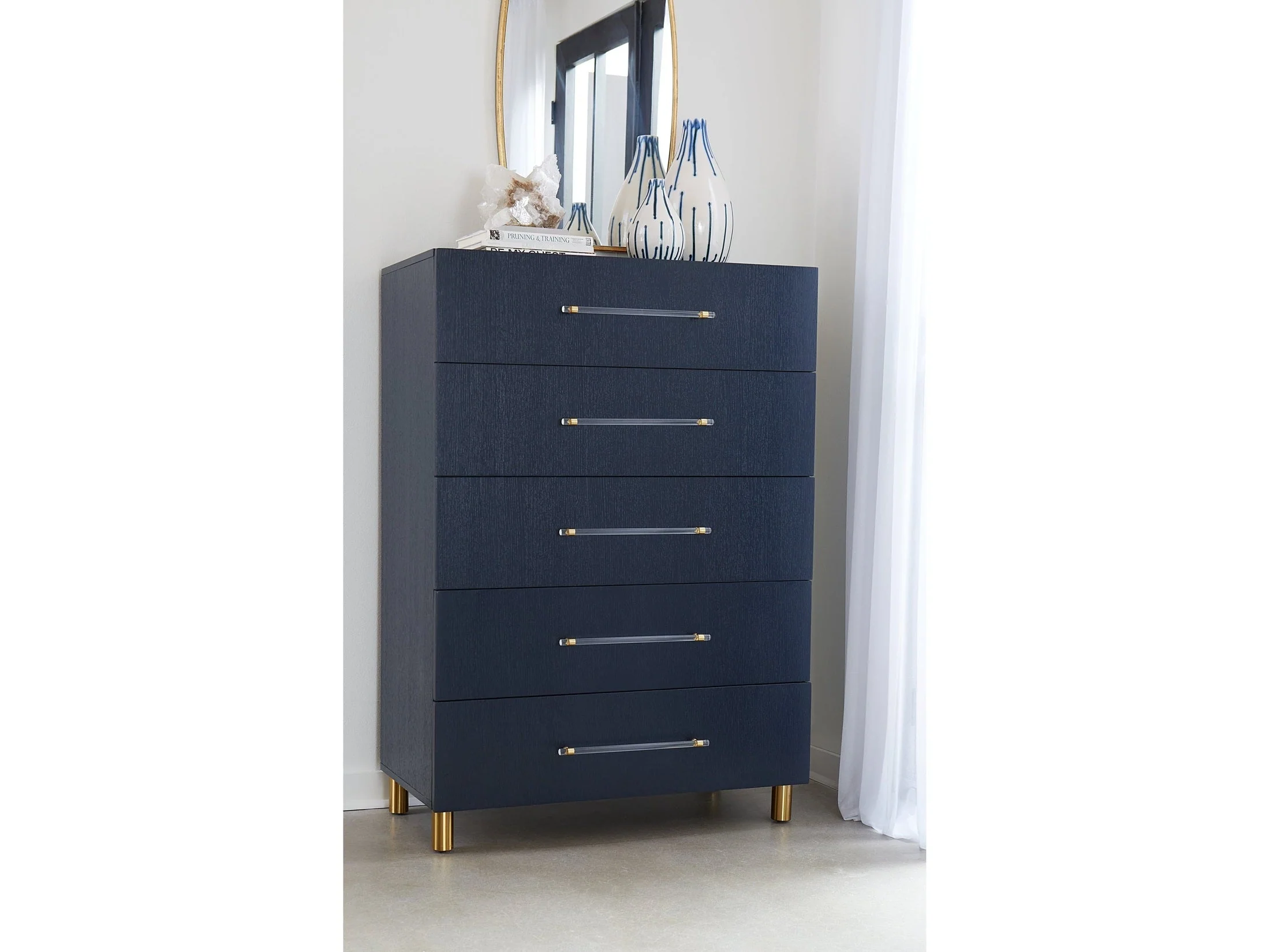 Argento Five Drawer Chest in Navy Blue and Burnished Brass