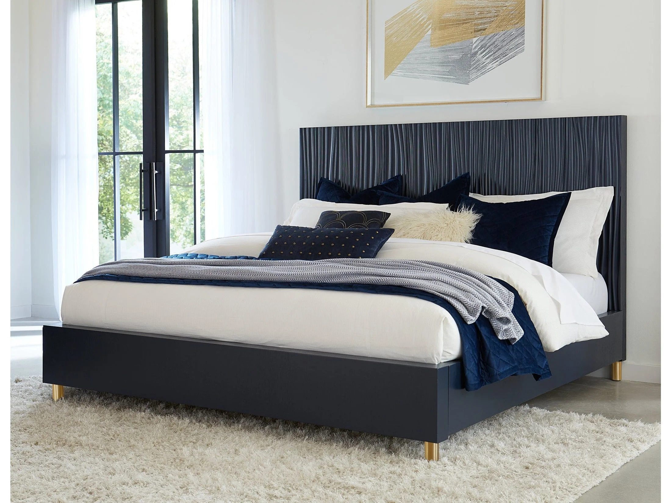 Argento Wave-Patterned Full Bed in Navy Blue and Burnished Brass
