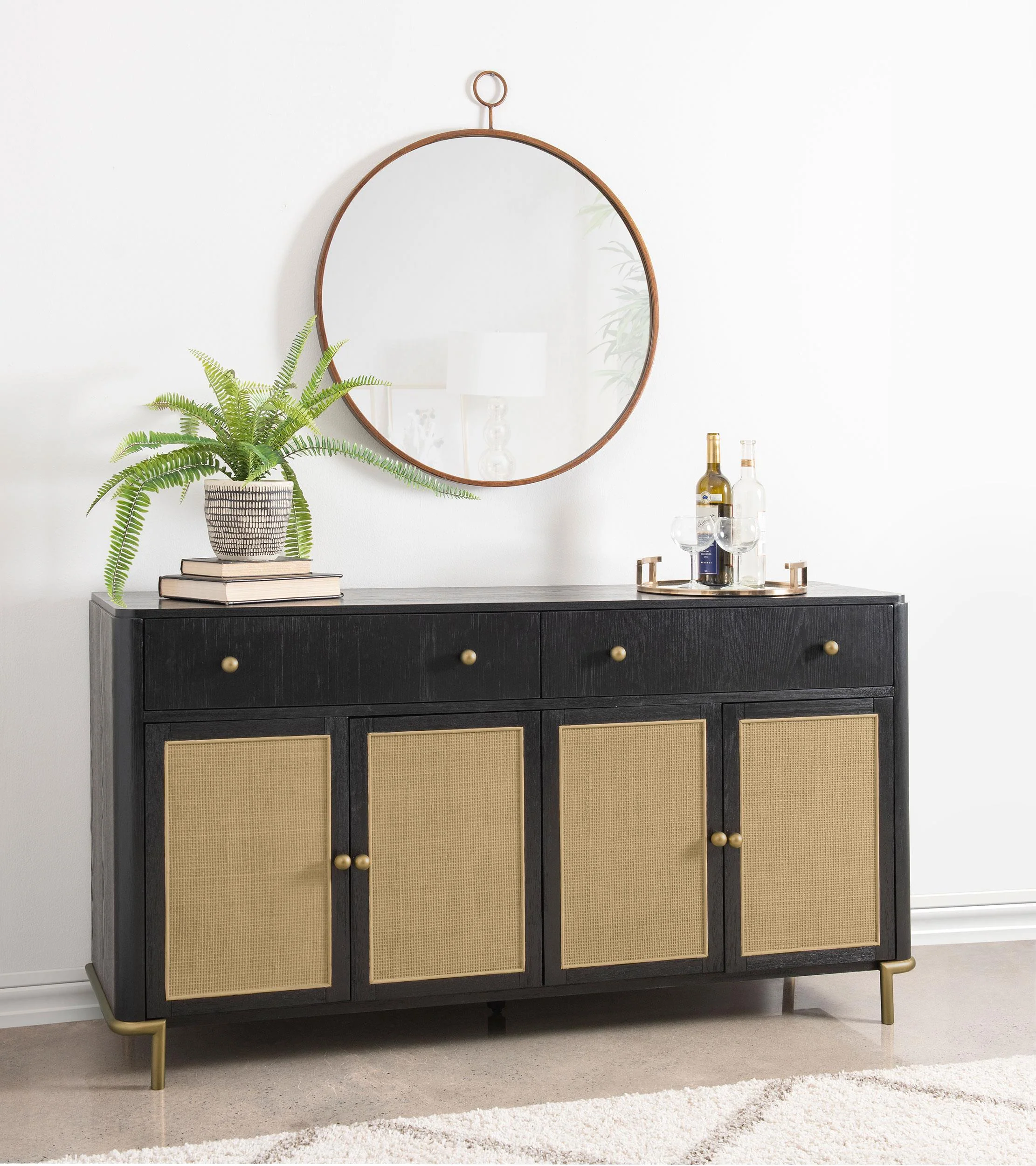 Arini Black 2-Drawer Cane Door Dining Sideboard Server