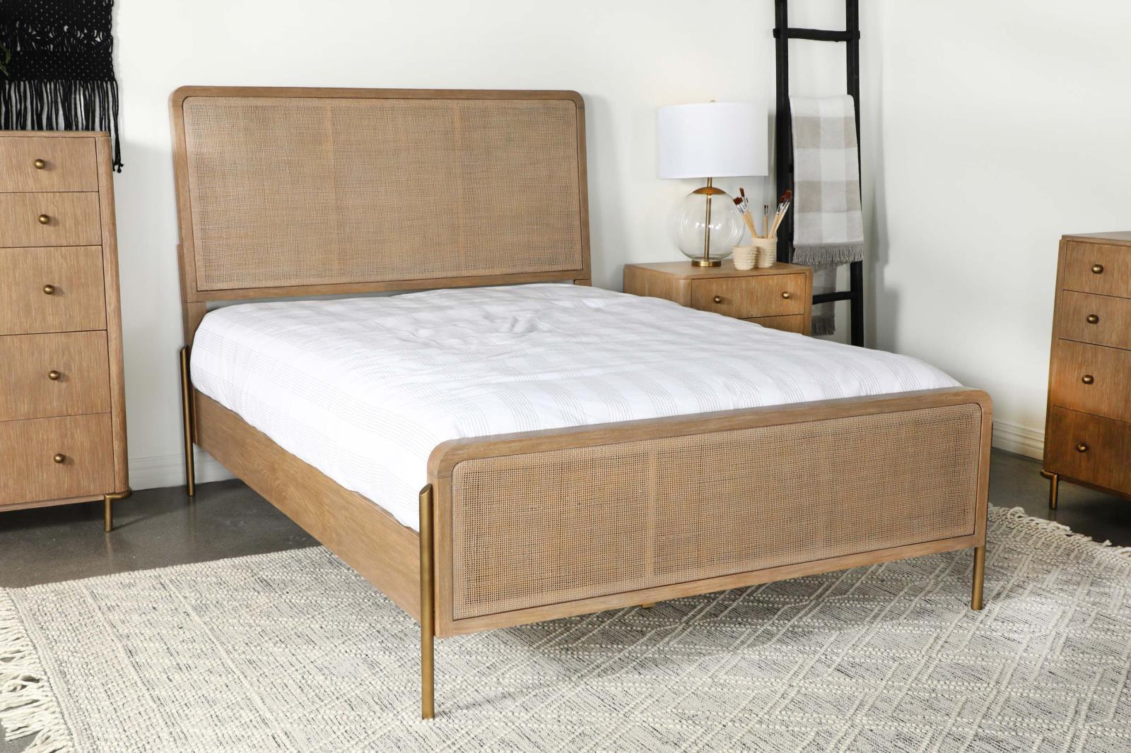 Arini Sand Wash/Natural Cane Upholstered Eastern King Panel Bed