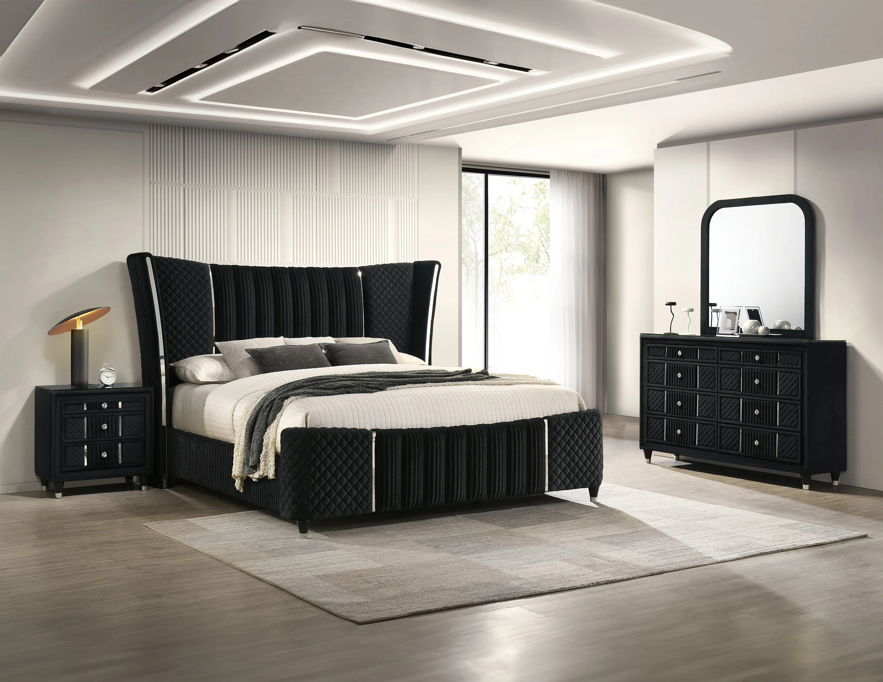 Armany Black Upholstered Wingback Panel Bedroom Set - Image 2