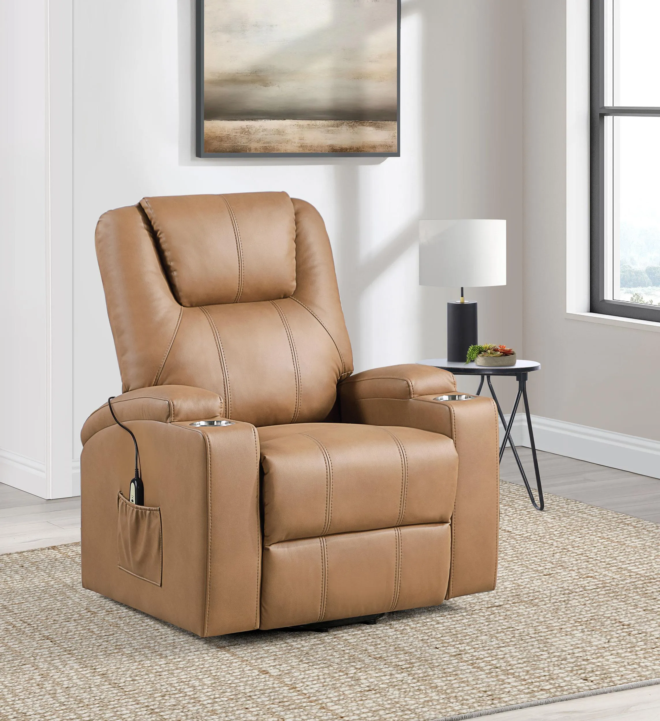Armstrong Camel Upholstered Power Lift Massage Recliner