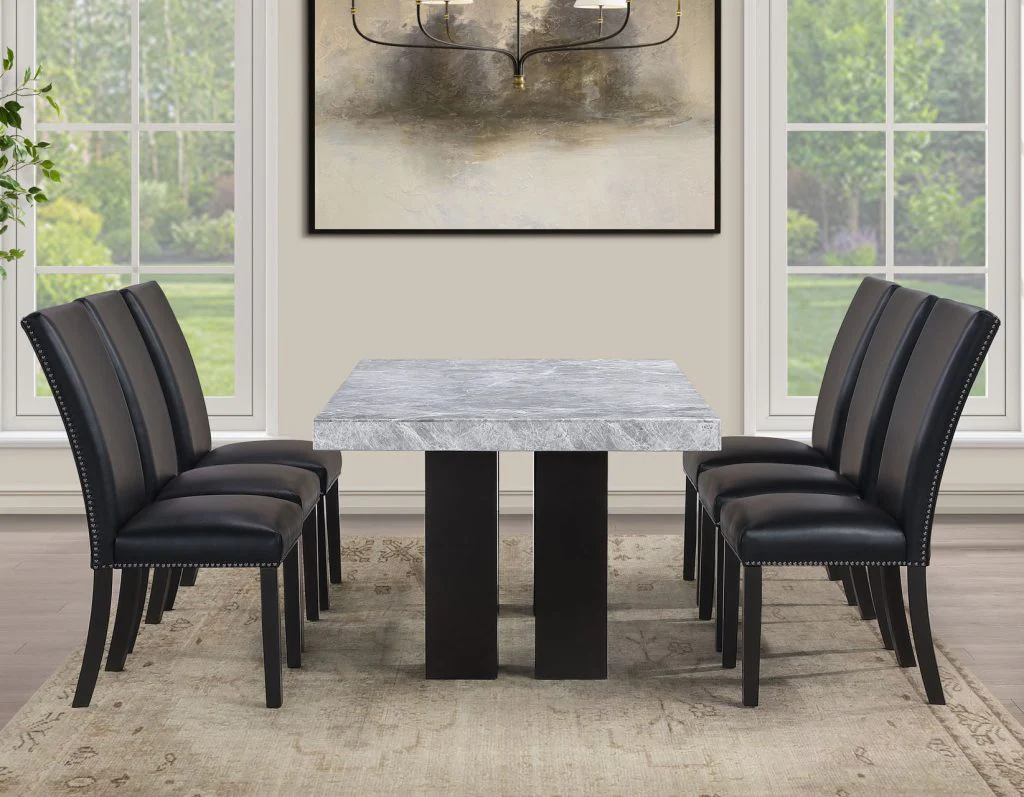 Artemis 5-Piece 70″ Rect Gray Marble Table, Black Finish w/4 Black Vegan Leather Chairs - Image 6
