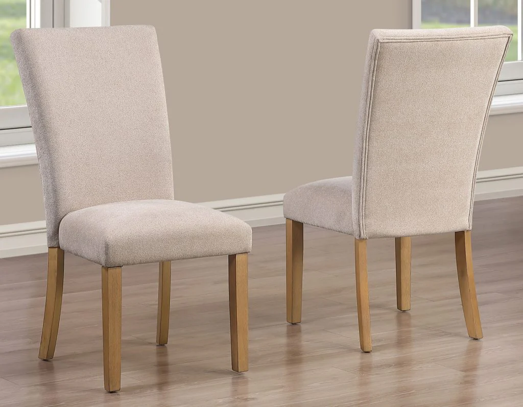 Artemis 5 Piece 70″ Rect White Marble Table, Tan Finish w/4 Beige Chenille Chairs - Image 9