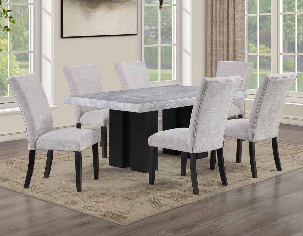 Artemis 5 Piece 70″ Rectangular Gray Marble Table, Black Finish with 4 Gray Chenille Chairs - Image 4