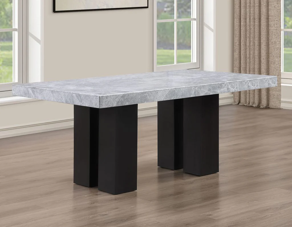 Artemis 5 Piece 70″ Rectangular Gray Marble Table, Black Finish with 4 Gray Chenille Chairs - Image 8