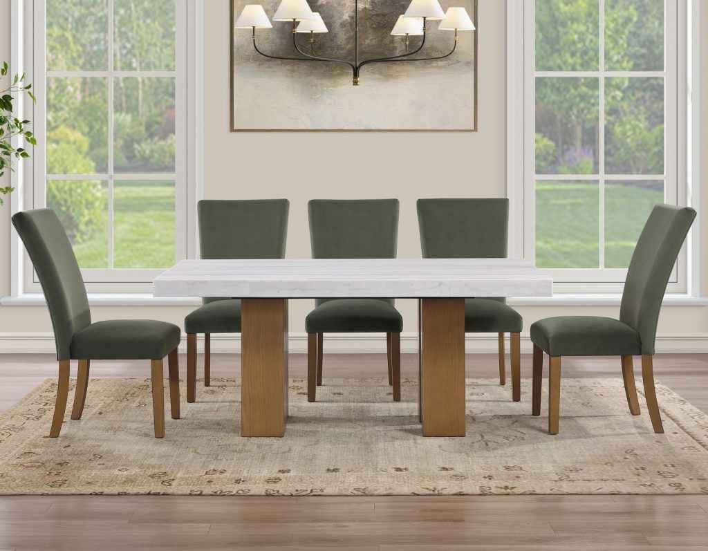 Artemis 70″ Rect White Marble Table, Tan Finish w/4 Green Velvet Chairs - Image 4