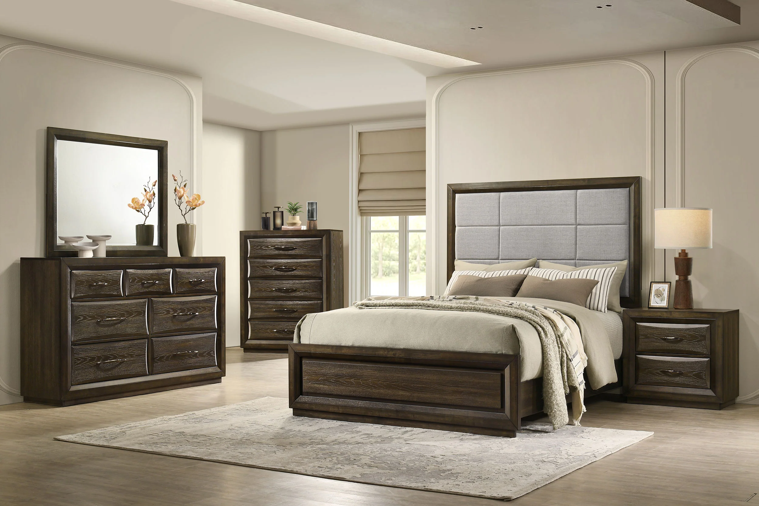 Atlas Grey/Dark Oak 63-inch Eastern King Upholstered Panel Bed - Image 12