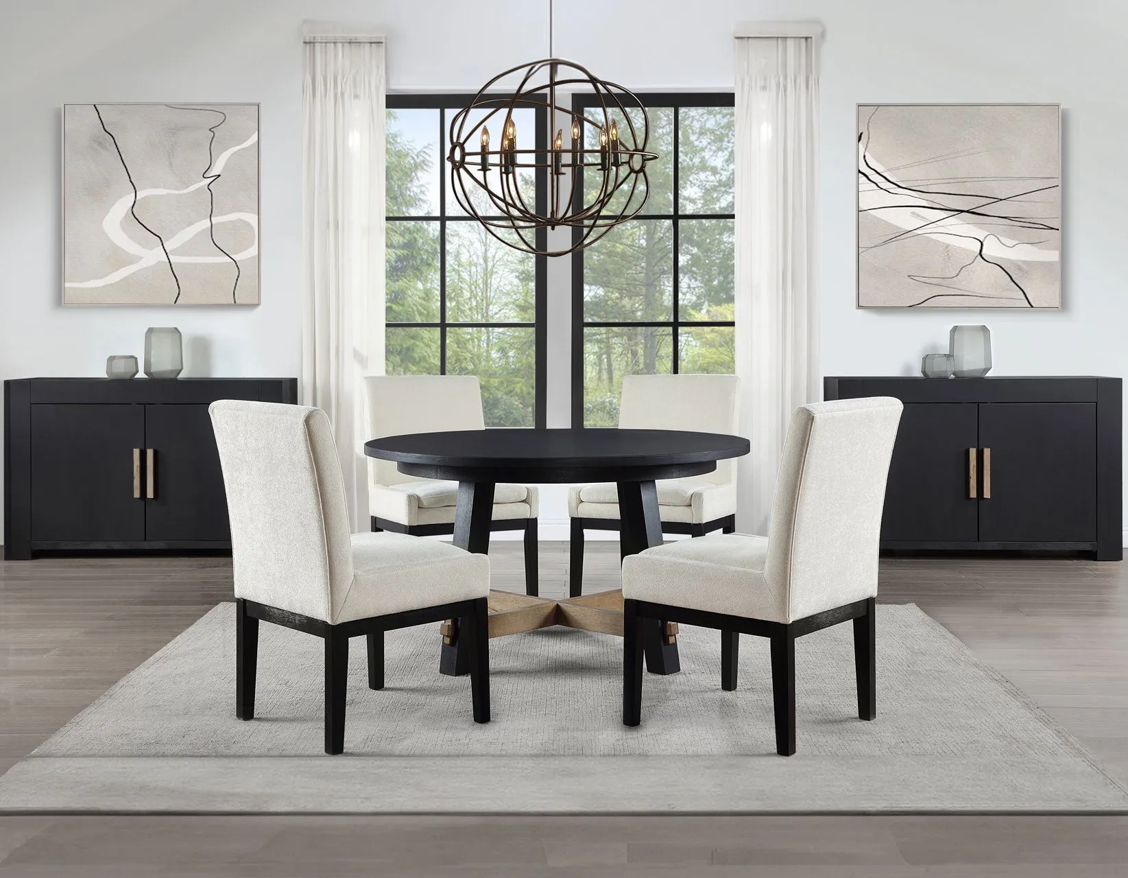 Aubrey 54″ Round Dining Table, Black with Driftwood Stretchers - Image 7